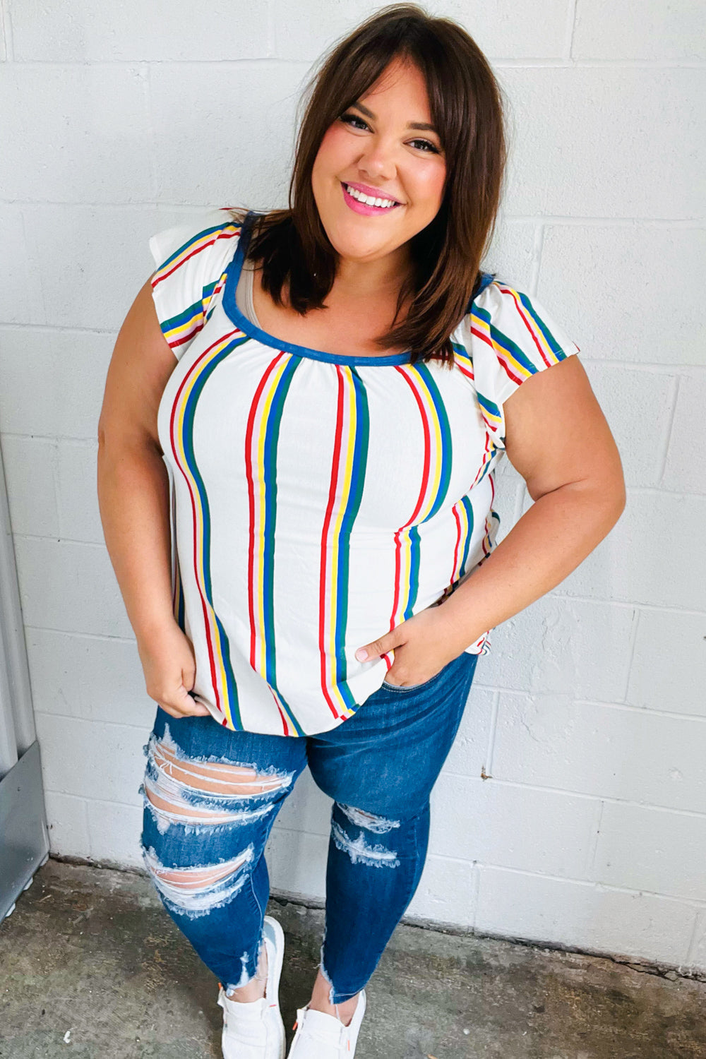 Stylish Multicolor Striped Raglan Flutter Sleeve Top for Women - Casual & Boho Chic Outfit for Summer, Beach, and Music Festivals