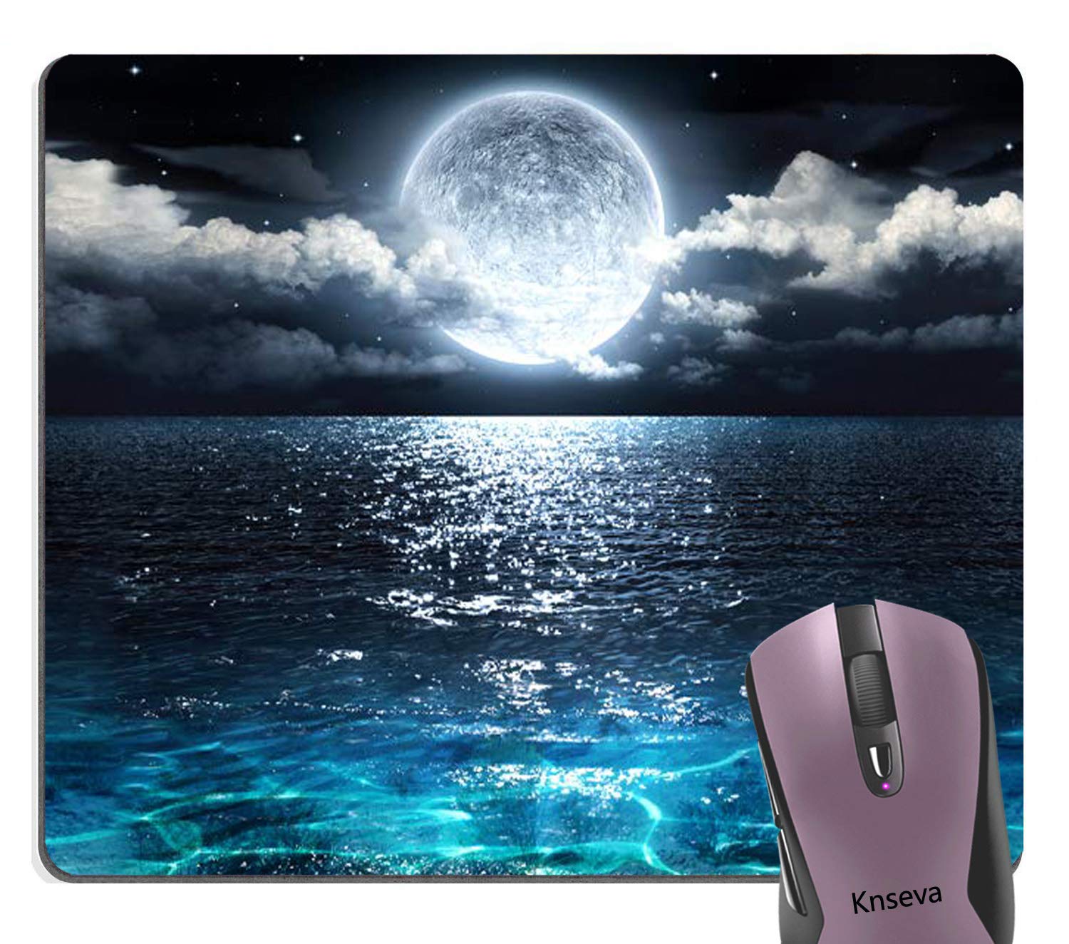 Bright Moon Illuminating Navy Blue Ocean Mouse Pad - Cloud Landscape & Seascape Design for Gaming & Office Use