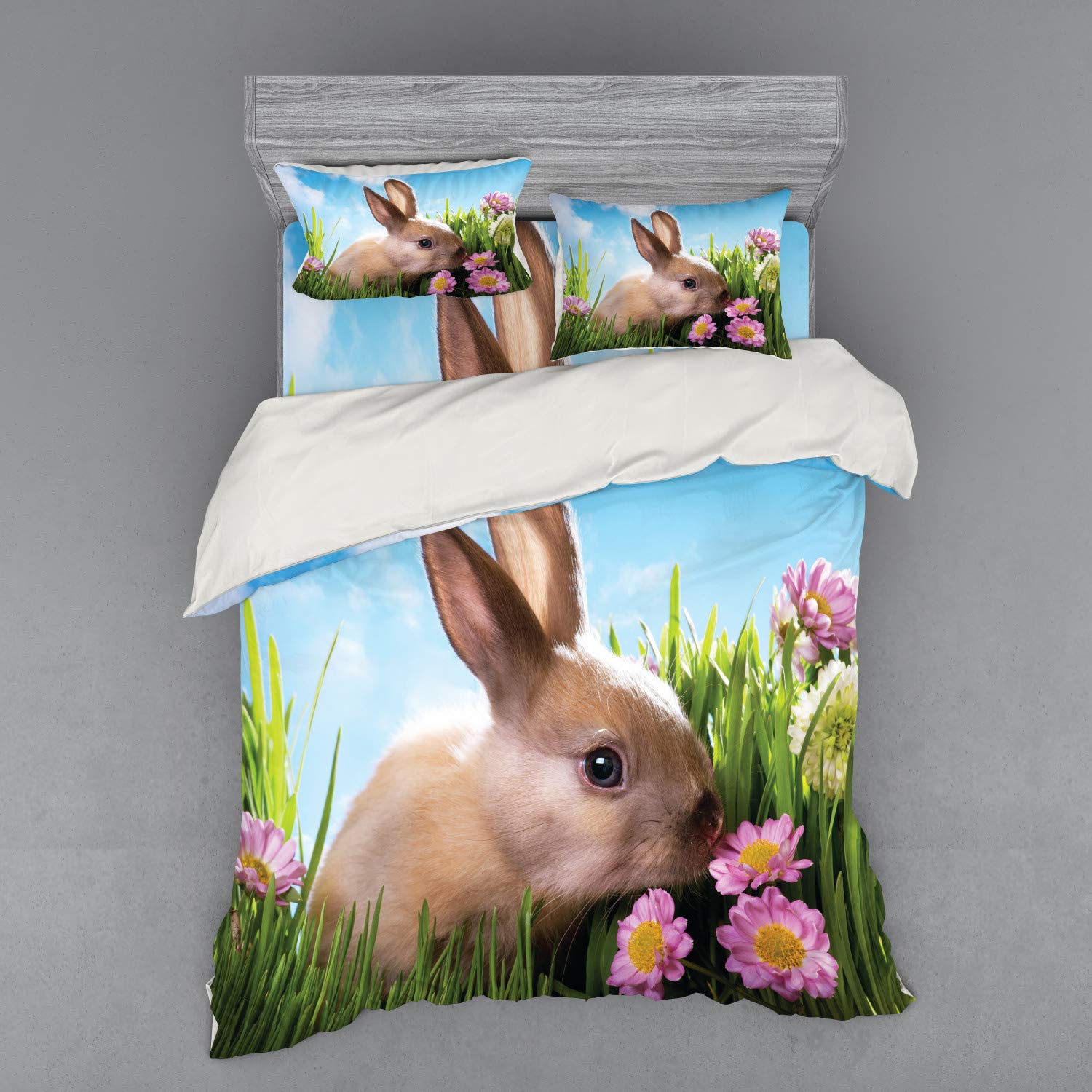 Ambesonne Easter Duvet Cover Set - Rabbit Photography with Spring Flowers, 4-Piece Queen Size Bedding Set with Shams & Fitted Sheet | Easter Home Decor for Spring Bedroom Refresh