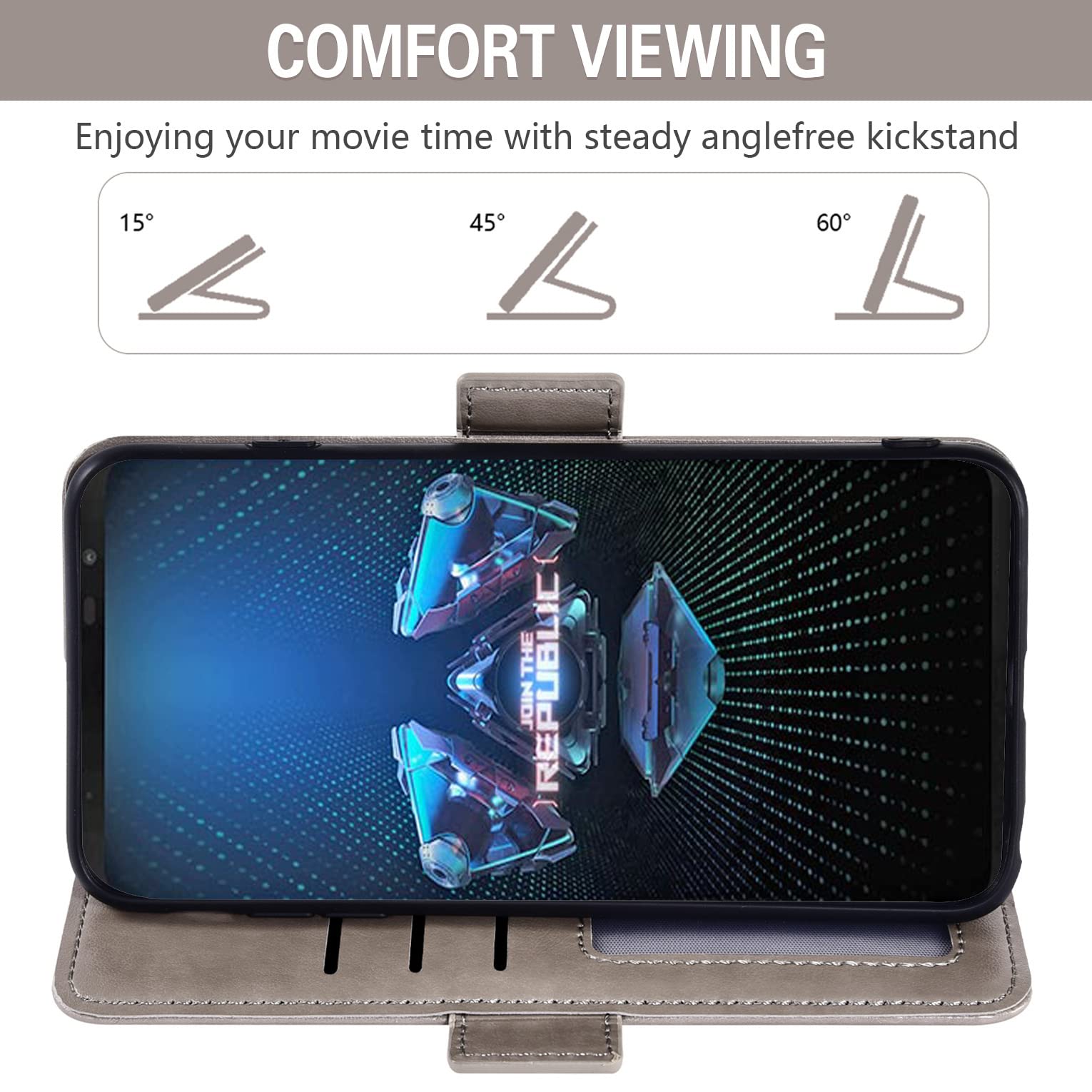 ASUS ROG Phone 5/5s Series Wallet Case with Tempered Glass Screen Protector, Card Holder & Wrist Strap - Premium Flip Cover for ROG Phone 5/5 Pro/5s/5s Pro/5 Ultimate (Grey) - Perfect for Gaming, Travel & Everyday Protection