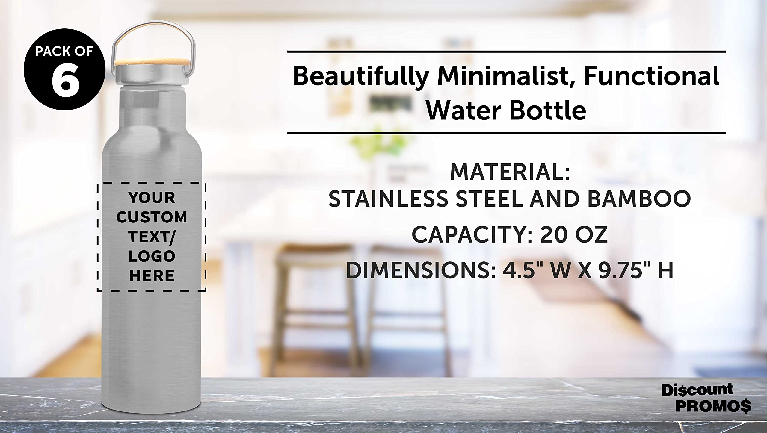 6-Pack Stainless Steel Water Bottles with Wood Top - 20oz Double Wall Insulated, BPA-Free, Spill Proof - Custom Text & Logo - Perfect for Gym, Hiking, Office & Outdoor Activities