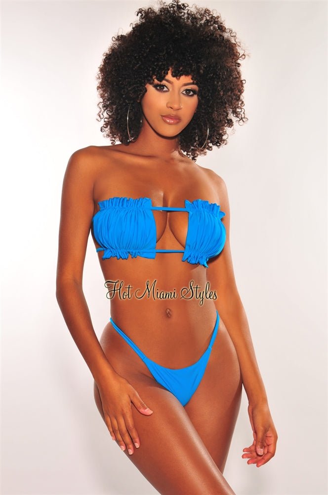 Turquoise Ruched Bust Frill Bandeau Scrunch Butt Bikini Set - Sexy Swimwear for Women, Perfect for Beach, Pool Party & Summer Vacation