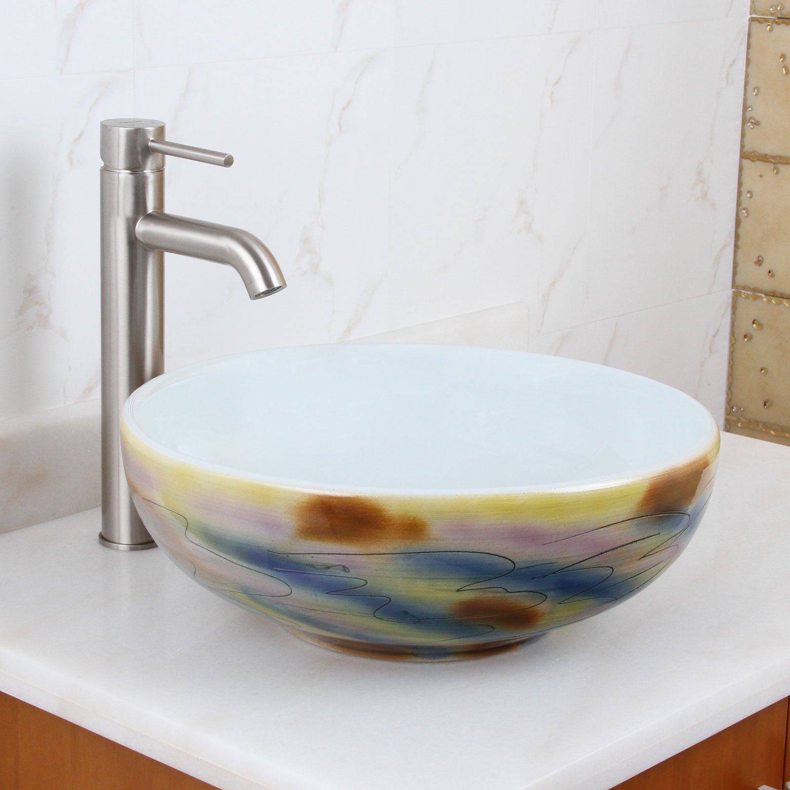 Premium Round Porcelain Ceramic Vessel Sink with Brushed Nickel Single Lever Faucet - Modern Bathroom Vanity Sink Combo for Powder Rooms & Master Baths