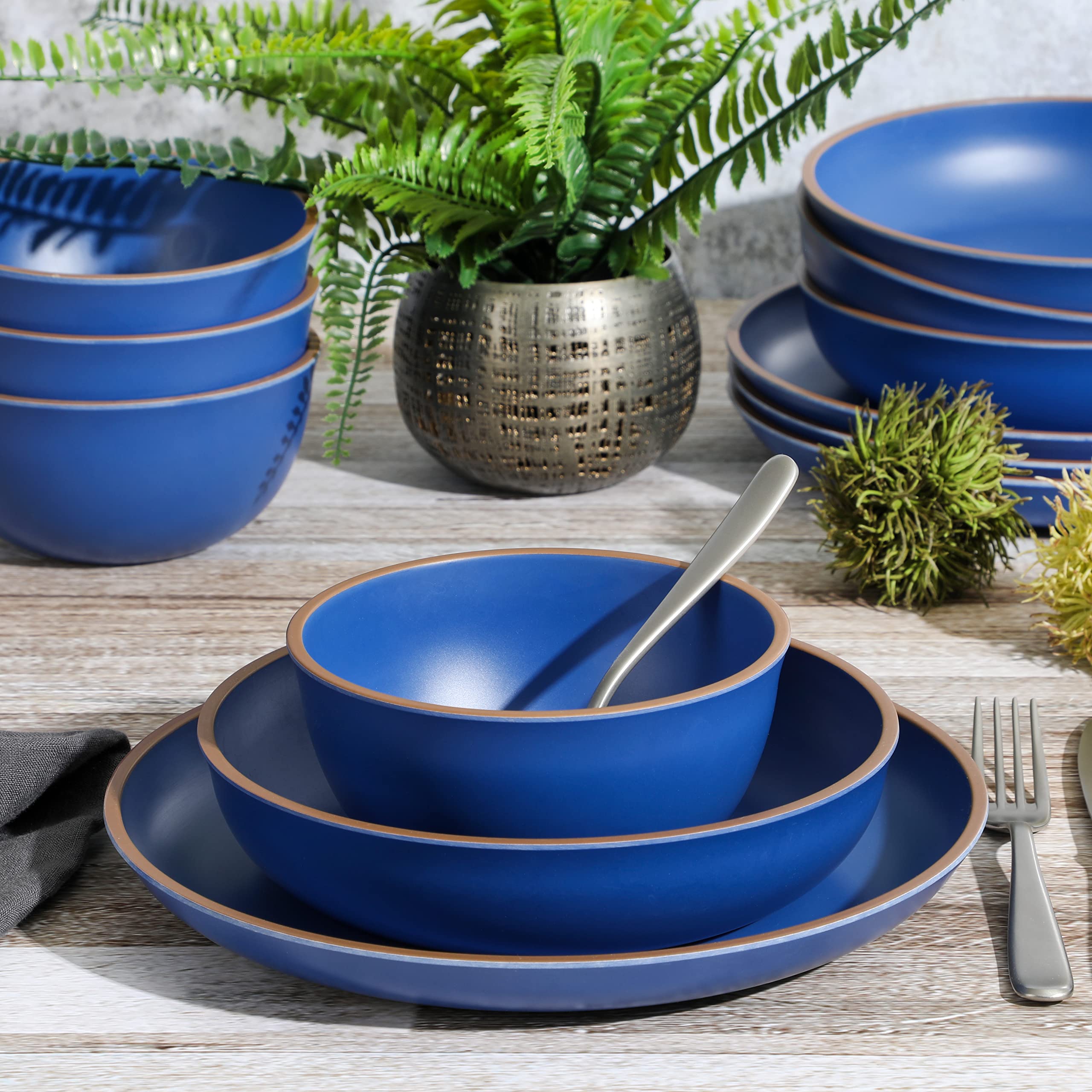 Gibson Home Rockabye 12-Piece Double Bowl Melamine Dinnerware Set - Durable Plastic Plates & Bowls - Matte Blue - Perfect for Outdoor Dining, Picnics & Camping
