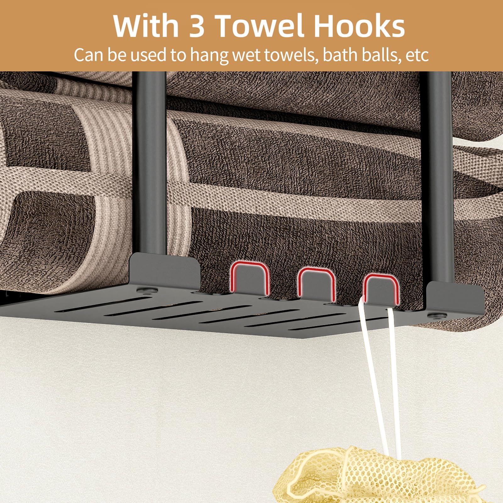 Sturdy Metal Wall Mounted Bathroom Towel Rack with Shelf & Storage Basket - Space Saving Towel Organizer with Hooks for Small Bathrooms (Black) - Perfect for Bathroom Organization & Rolled Towel Storage