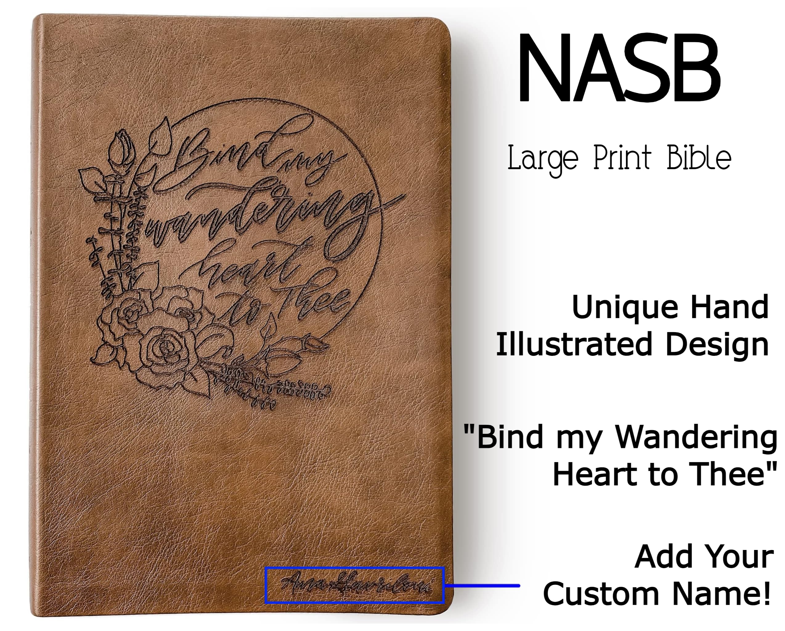 Hand Illustrated Laser Engraved NASB Bible - Large Print Reference Bible with Brown Leather Cover | Custom Name Engraving Available | Perfect for Church, Bible Study & Gift Giving