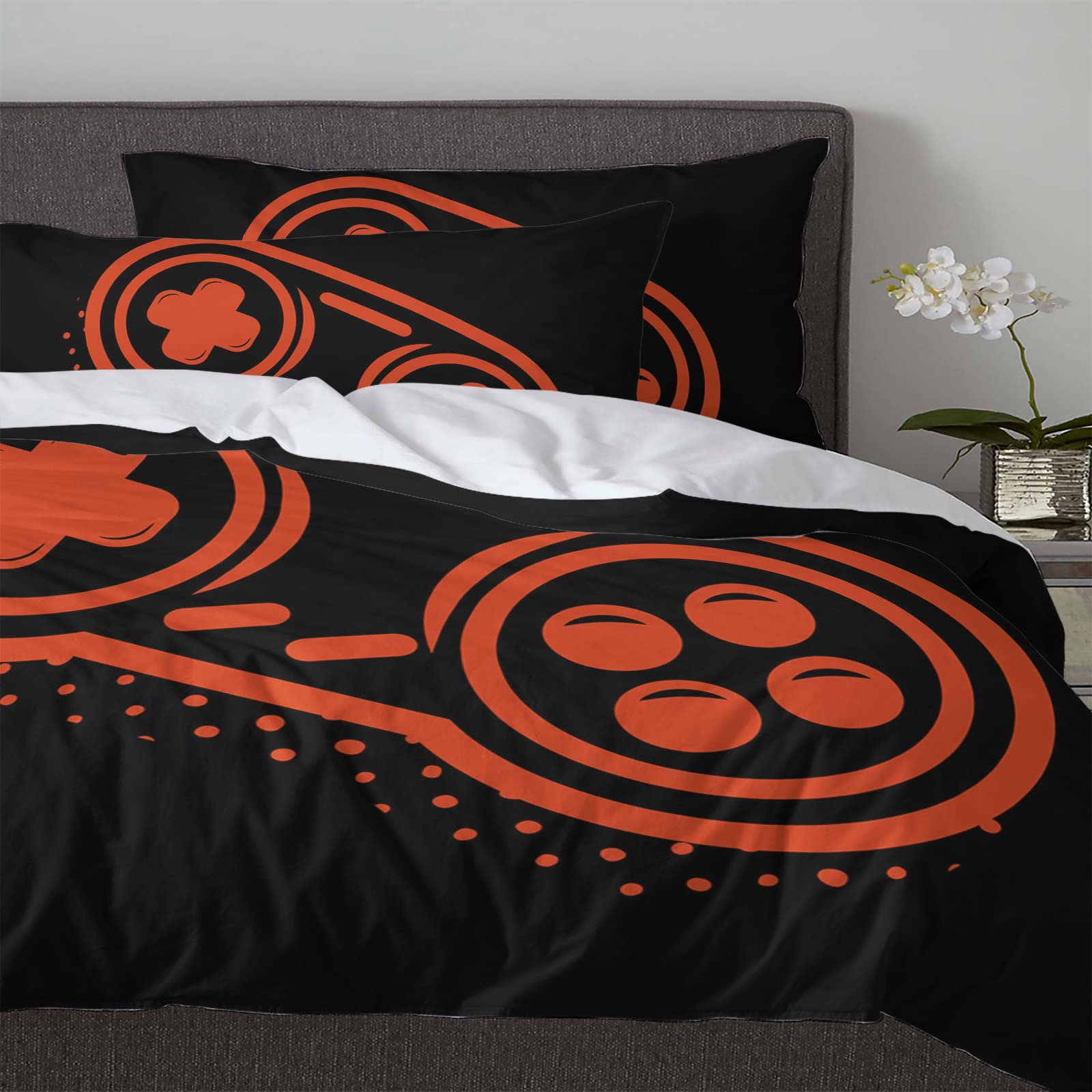 3-Piece Twin Duvet Cover Set with Zipper - Soft Microfiber Game Controller Print Bedding for Boys & Girls - Orange/Black Design - Perfect for Kids' Rooms, Gaming Themed Bedrooms & Photo Backdrops
