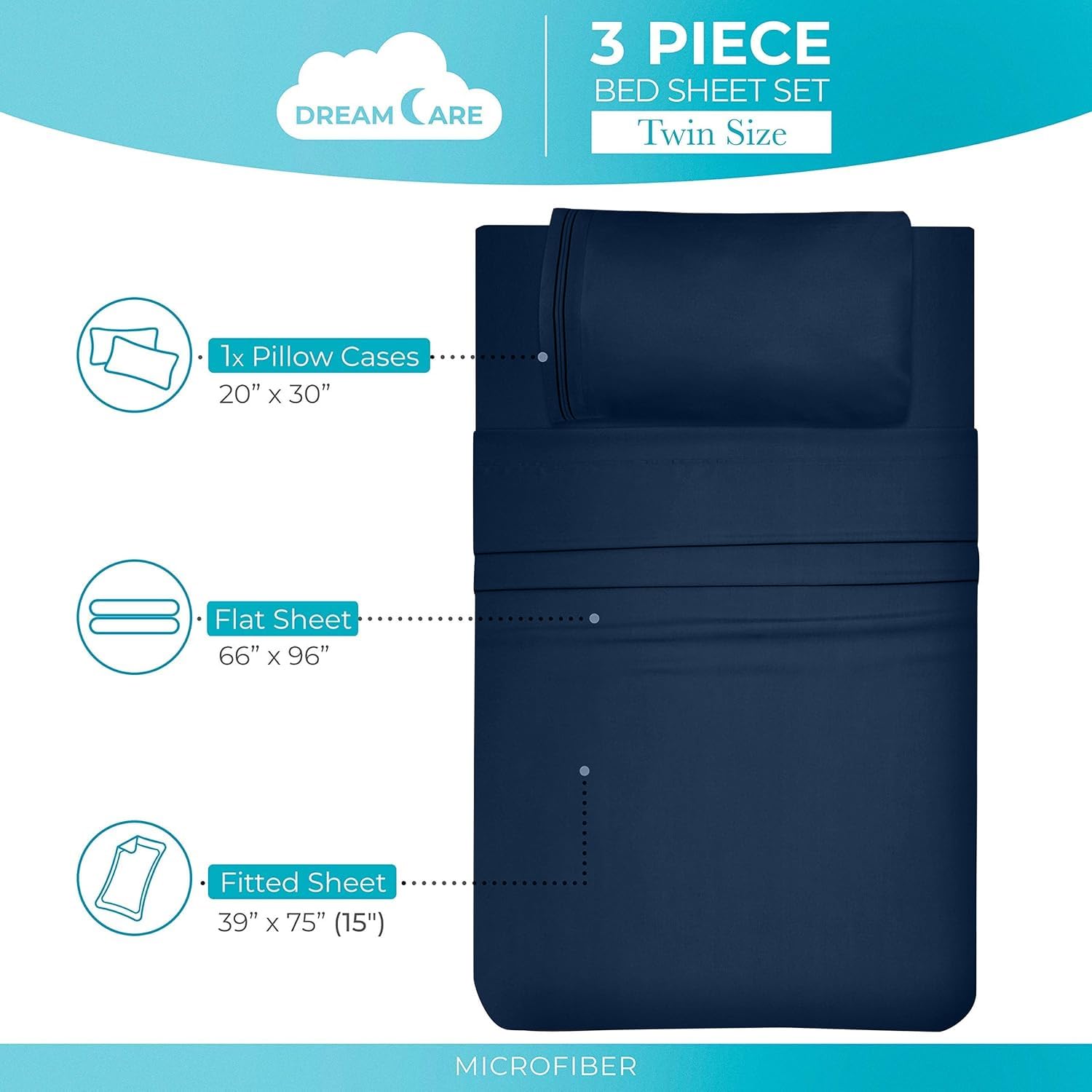DREAMCARE Twin Sheets Set - 3 Piece Cooling Bed Sheet Set with 15