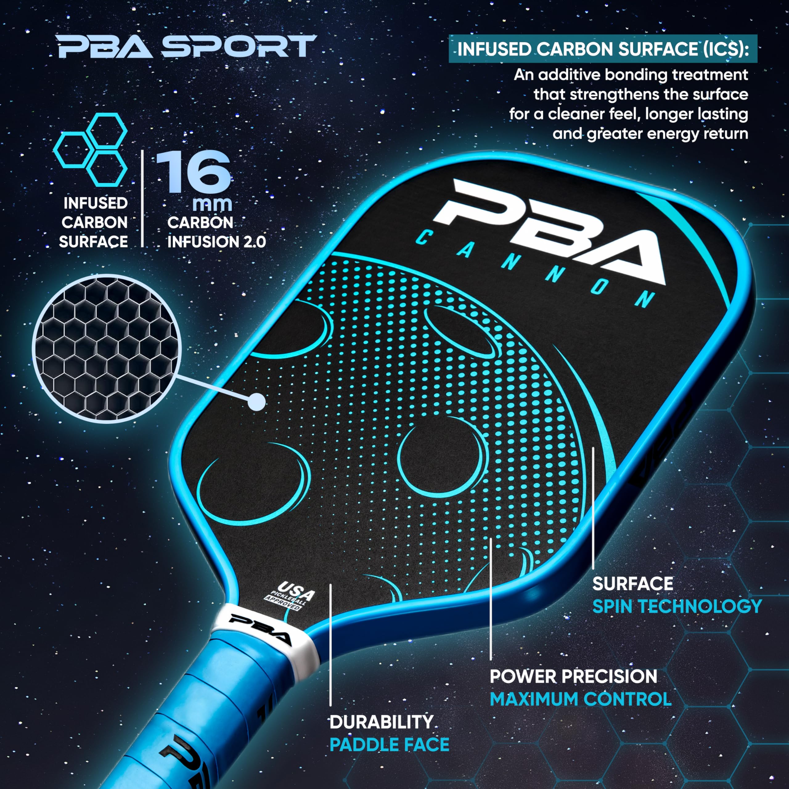 **The Official Paddle of The Pickleball Association | PBA Sport Carbon Fiber Pickleball Paddle for Power & Control | USA Pickleball Approved | 16MM Thick | Perfect for Tournaments & Recreational Play**