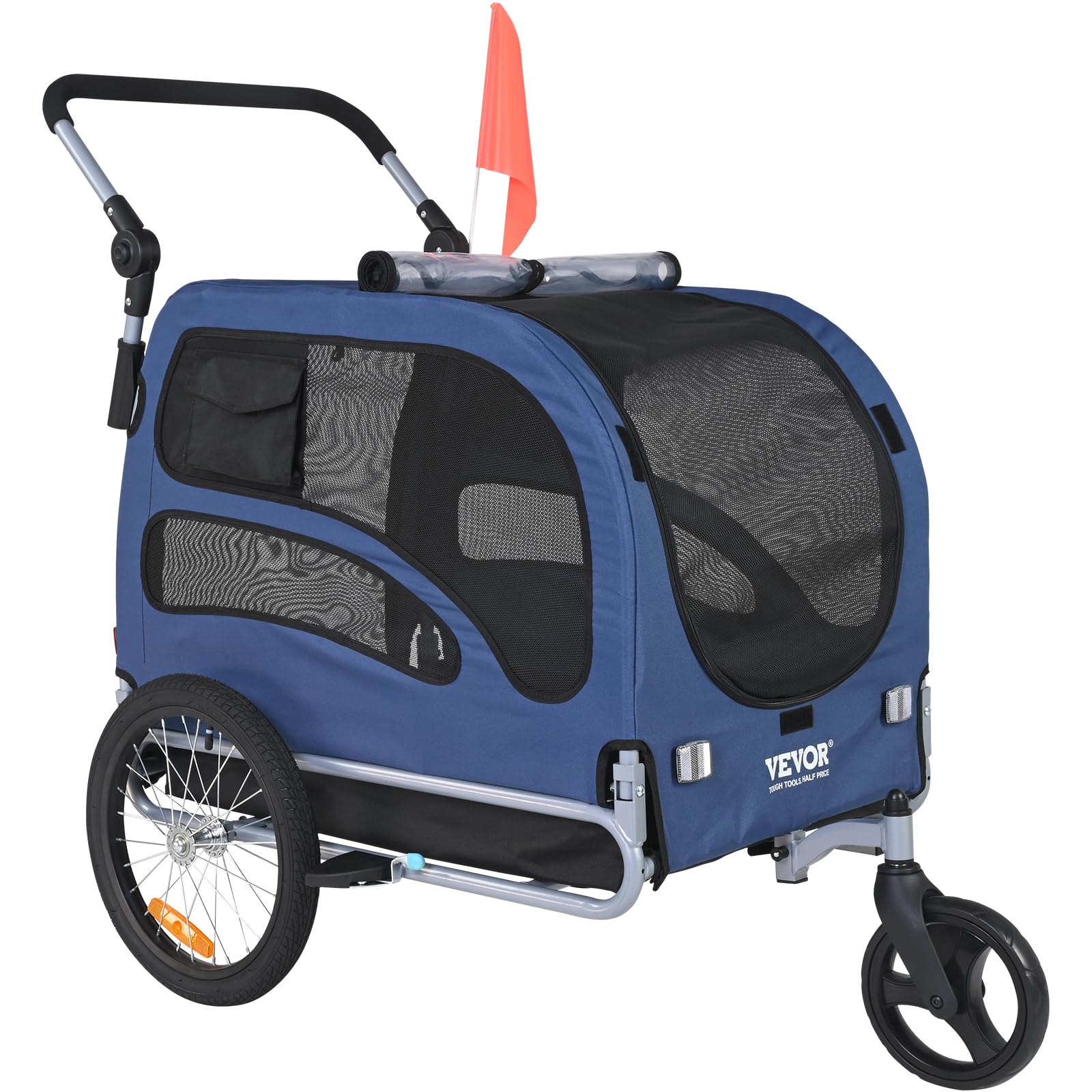 VEVOR 2-in-1 Dog Bike Trailer & Pet Stroller - 100 lbs Capacity, Foldable Bicycle Carrier with Quick Release Wheels, Universal Coupler, Safety Reflectors & Flag (Blue/Black) - Perfect for Cycling Adventures & Daily Walks with Your Pet