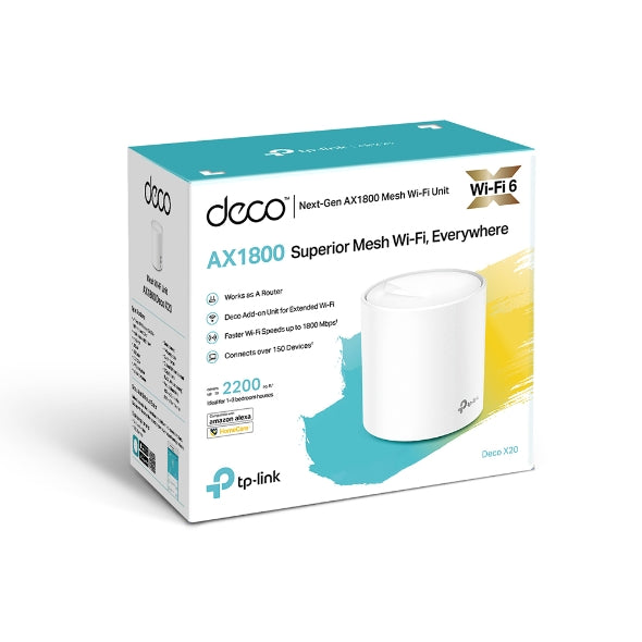 Deco X20 AX1800 Whole Home Mesh Wi-Fi 6 System (1 Pack) - High-Speed Seamless Coverage for Smart Homes, Gaming & Streaming