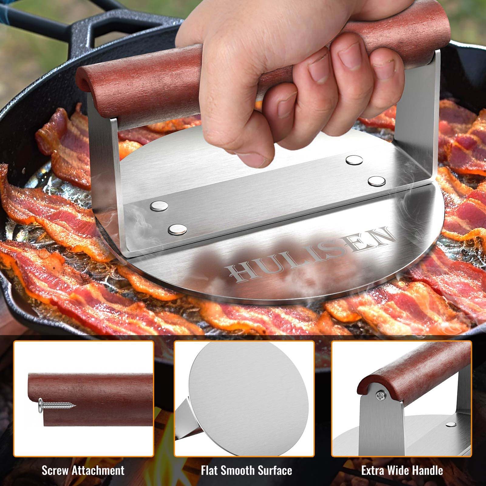 **HULISEN 6 Inch Stainless Steel Burger Smasher - Heavy Duty Hamburger Press with Wood Handle for Griddle & BBQ - Perfect for Smashed Burgers, Grilling, and Outdoor Cooking (1.24 lb, Gift Wrapping Included)**