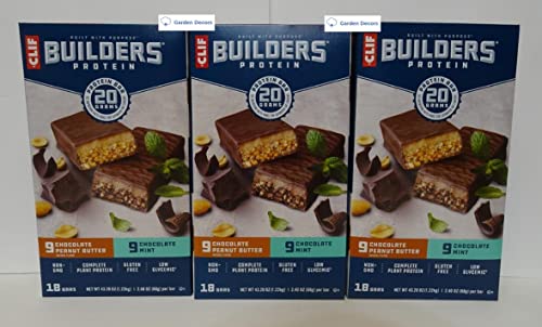 Clif Builders Protein Bars - 18 Bars per Box (9 Chocolate Mint & 9 Chocolate Peanut Butter) 43.2oz 1.22kg - High Protein Snack for Hiking, Gym & Post-Workout Recovery (Pack of 3 Boxes)