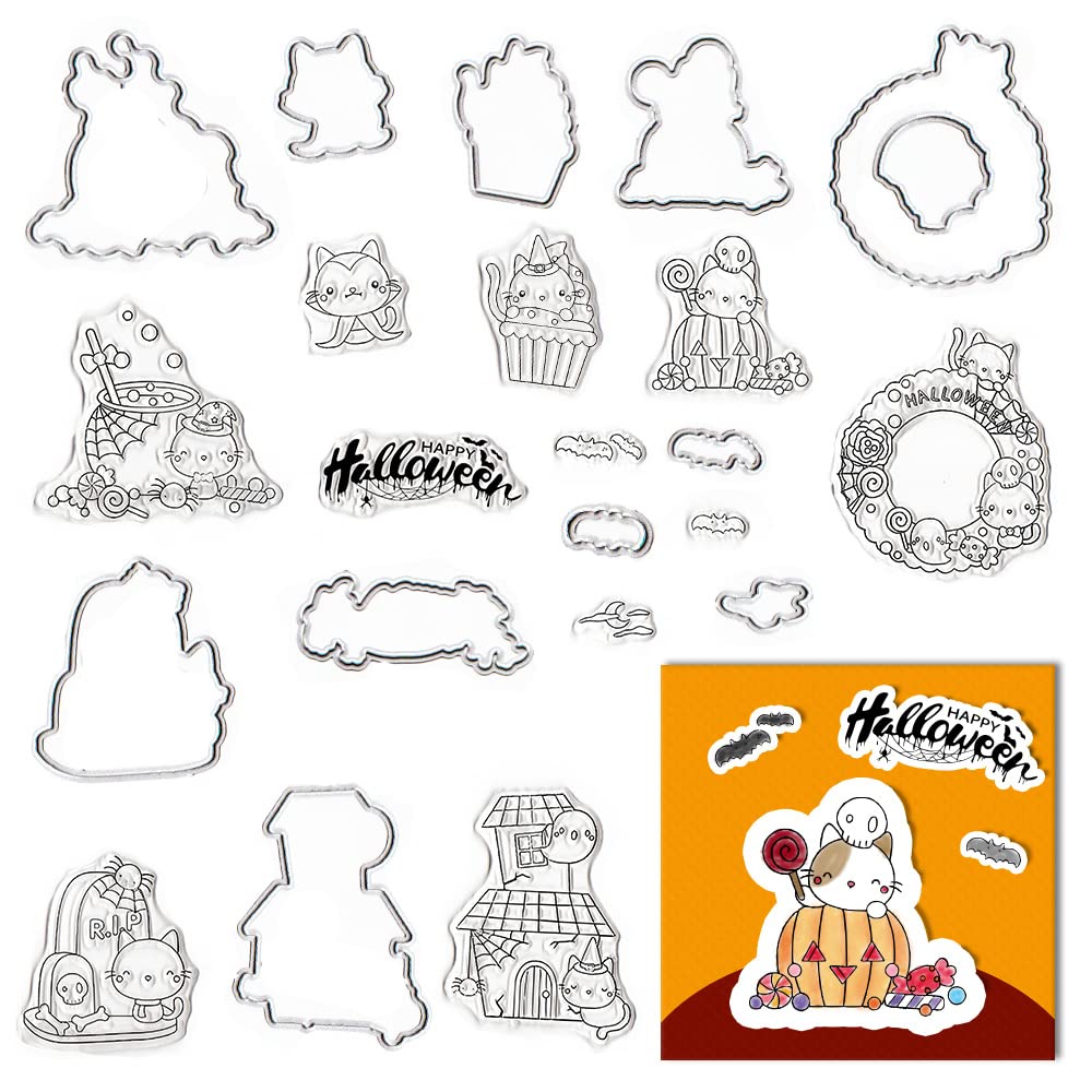 Halloween Cat Clear Stamps and Dies Set for Card Making - Candy Wreath Rubber Stamps with Kitty House Frame Cutting Dies - Perfect for Scrapbooking, Journaling, and DIY Craft Projects - Great for Halloween Cards, Party Invitations, and Home Decor