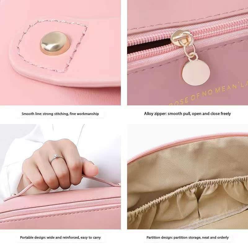 Leather Makeup Pouch Bag - Wide Opening Cosmetic Organizer for Travel & Toiletry