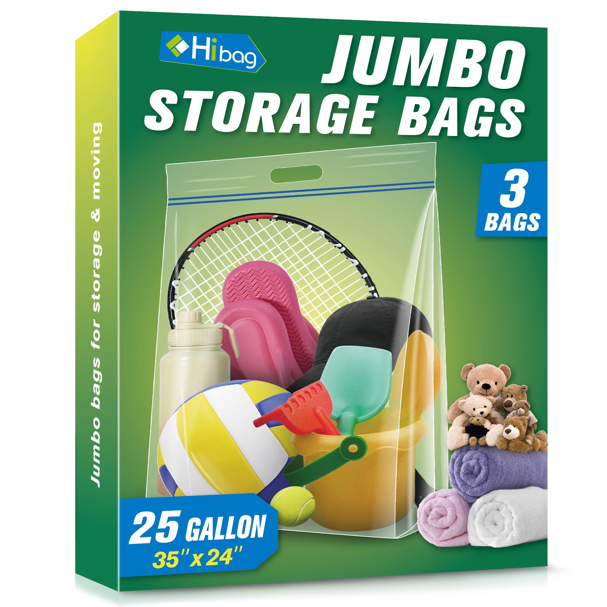 HIBAG 25 Gallon Jumbo Storage Bags - 35” x 24” Extra Large Heavy Duty Clear Resealable Bags with Handles (Pack of 3) | Perfect for Clothes, Pillows, Travel, Moving & Home Organization