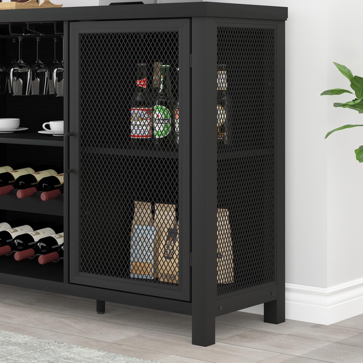 Black Oak Wine Bar Cabinet with Storage - 55 Inch Farmhouse Kitchen Buffet Cabinet for Liquor & Coffee Display | Industrial Style Home Bar for Dining Room & Living Room | Perfect for Entertaining Guests & Organizing Beverages