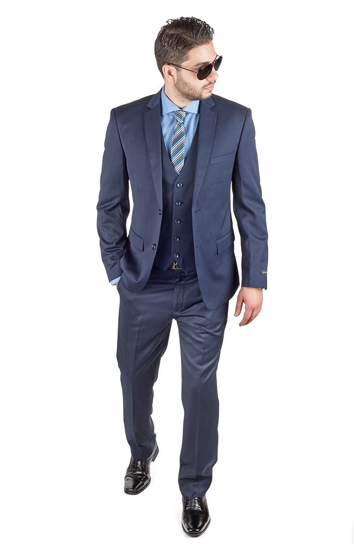 AZAR MAN Slim Fit 3 Piece Vest Navy Blue Suit - 2 Button Notch Lapel Formal Wear for Weddings, Business Meetings & Special Occasions