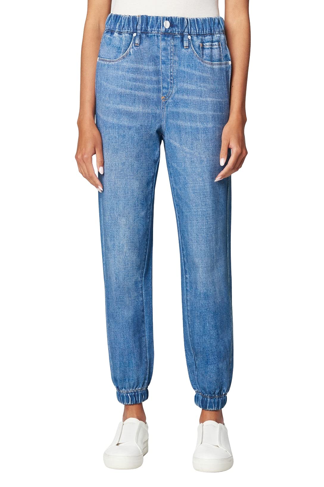 BLANKNYC Women's Denim Joggers with Elastic Waistband - Comfortable Distressed Casual Pants for Everyday Wear, Running Errands & Lounge