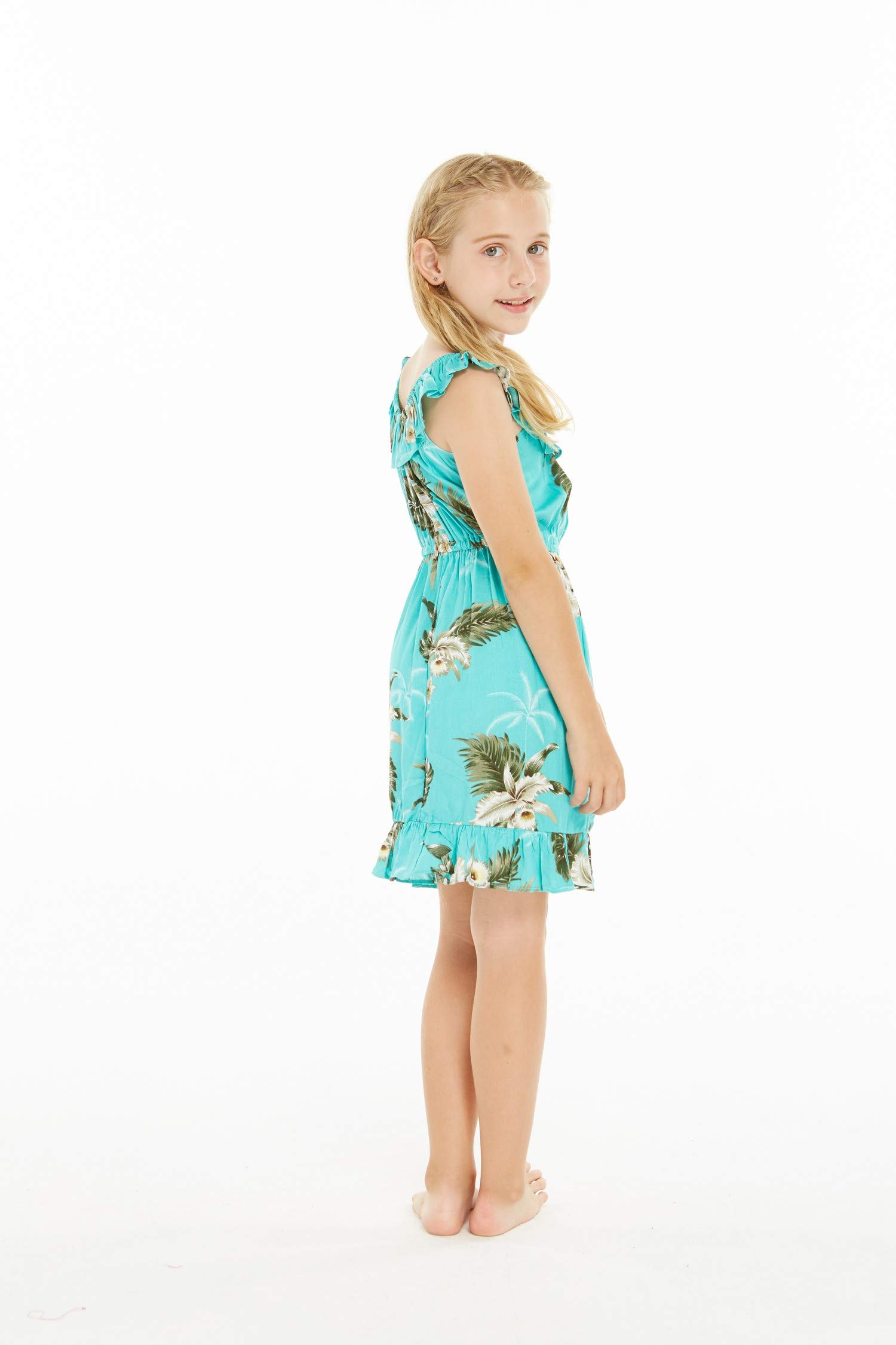 Girl's Green Palm Print Ruffle Wrap Hawaiian Luau Dress - Perfect for Beach Parties, Tropical Vacations & Summer Celebrations