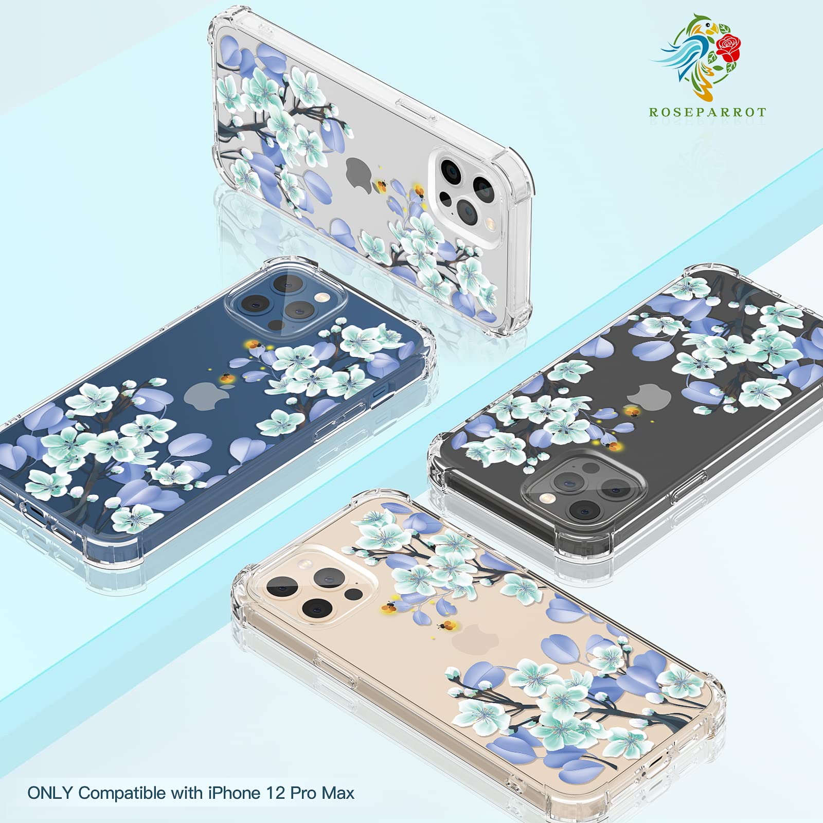 5-in-1 RoseParrot iPhone 12 Pro Max Case with Screen Protector, Ring Holder & Waterproof Pouch - Clear Floral Pattern Soft Flexible Protective Cover (Fireflies) | Perfect for Outdoor Activities, Travel & Daily Protection