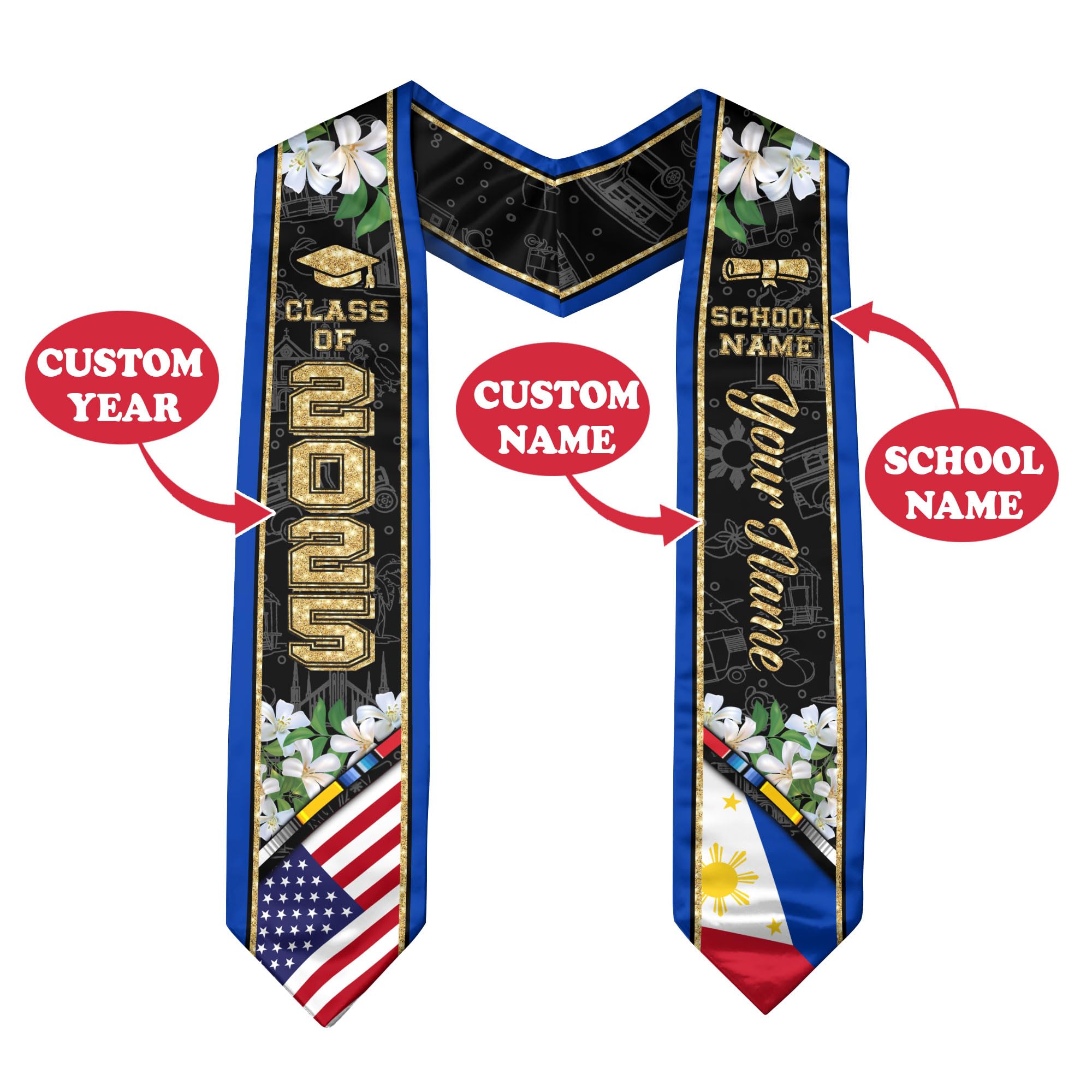 Custom Filipino American Flag Graduation Sash 2025 - Philippines Themed Graduation Stole for High School & College Ceremonies - Perfect for Filipino Heritage Celebrations & Cultural Events
