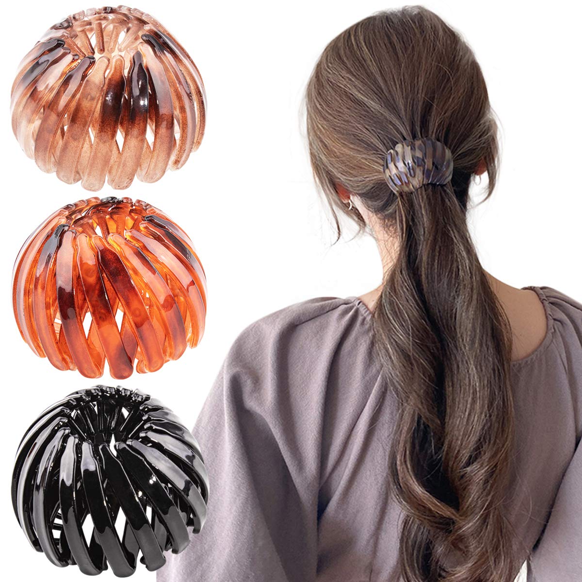 TOBATOBA 3-Piece Bun Maker Hair Clip Set - Expandable Bird Nest Ponytail Holder, Hair Claw Clips for Women & Girls - Perfect for Updos, Curling, and Everyday Hairstyles