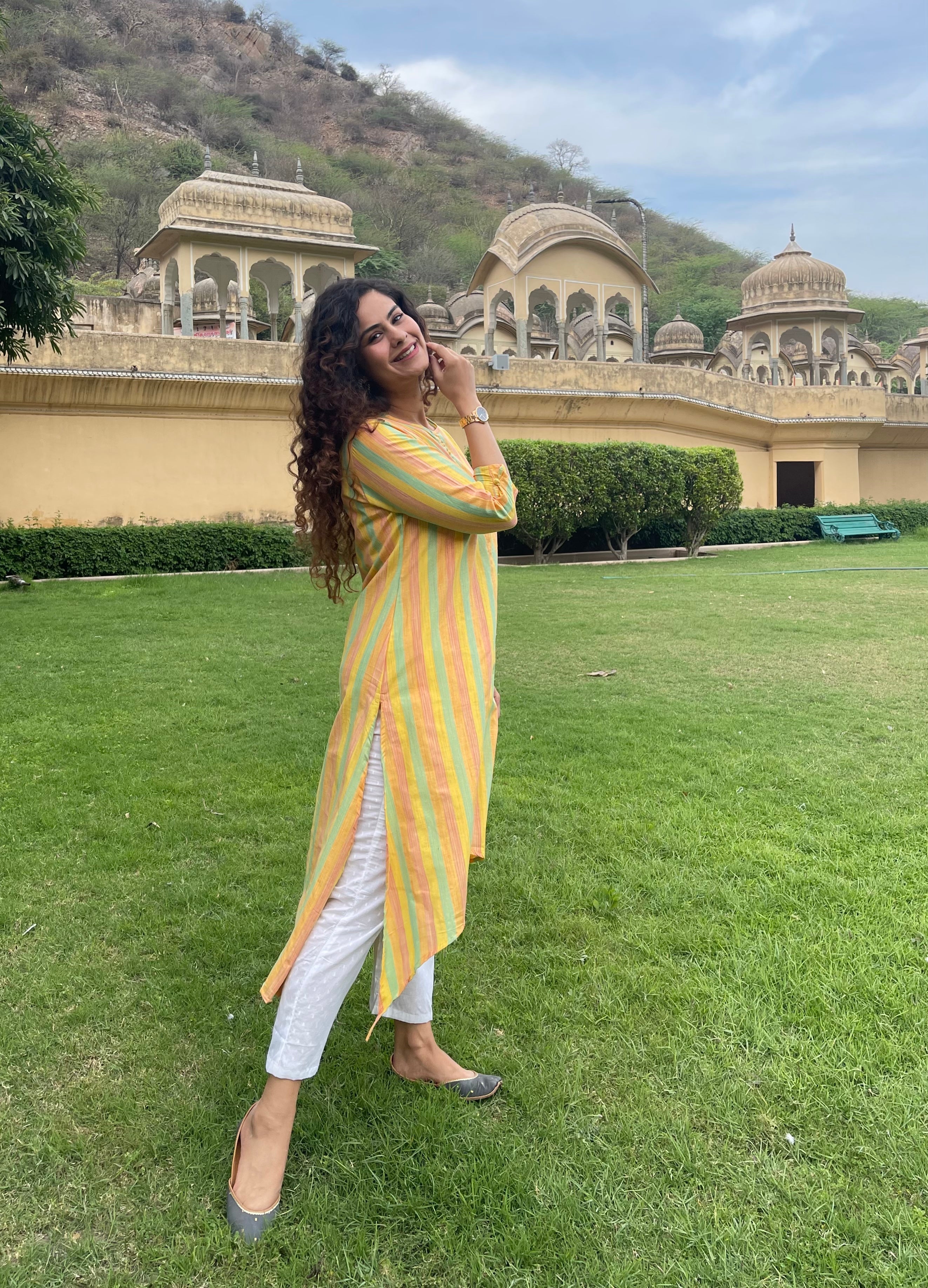 Stylish Yellow Cotton Stripes Kurta Set for Women - Comfortable & Trendy Indian Ethnic Wear - Perfect for Festivals, Parties & Casual Outings