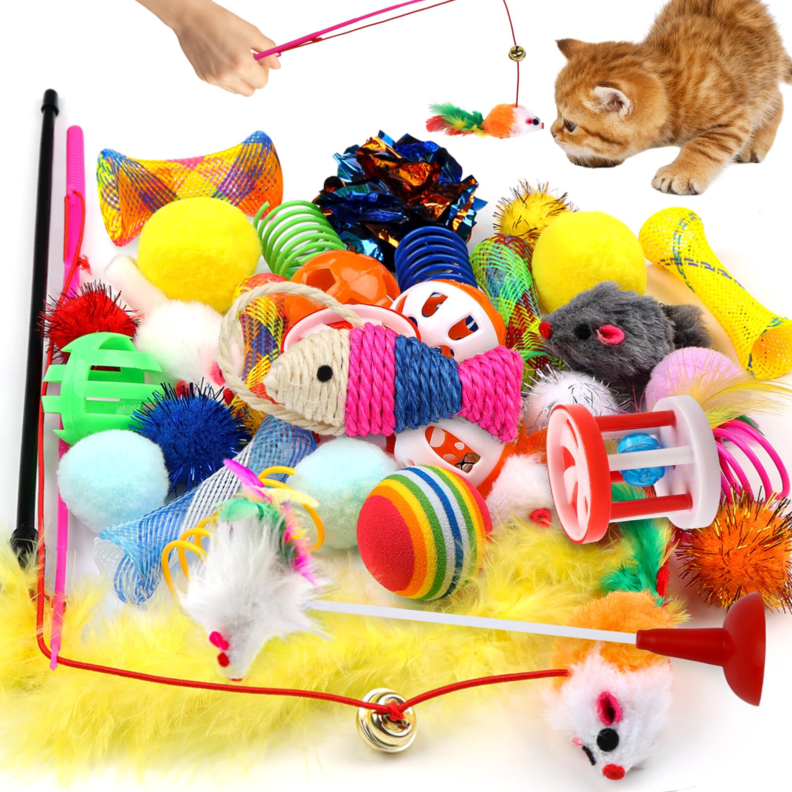 32 Pack Interactive Cat Toys Variety Set for Kittens - Includes Cat Wand, Crinkle Balls, Bell Balls, Spring Toys & Catnip Toys - Perfect for Indoor Cats and Playtime Fun