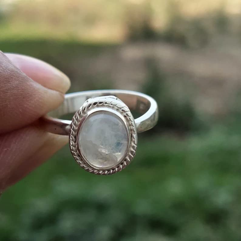 Rainbow Moonstone Ring for Women - 925 Sterling Silver Plated June Birthstone Ring with Blue Flash | Healing Crystal, Promise & Engagement Ring | Perfect Gift for Her, Daily Wear Jewelry for Special Occasions & Spiritual Healing
