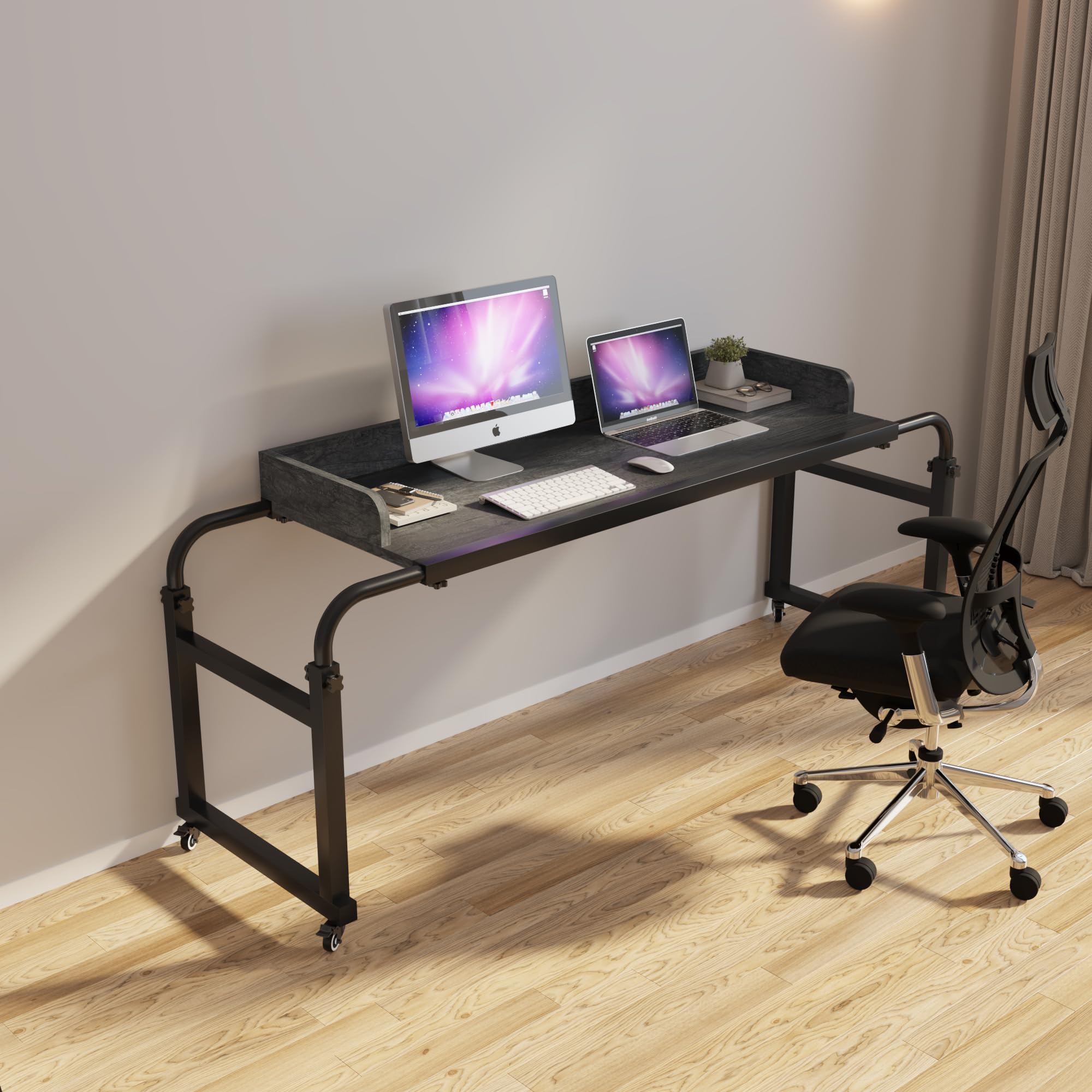TigerDad Adjustable Overbed Table with Wheels - Rolling Laptop Desk for Hospital, Bedroom & Office - Fits King & Queen Beds - Portable Workstation (Gray, Model QQ-950) - Perfect for Eating, Working, Reading in Bed or Recovery Use
