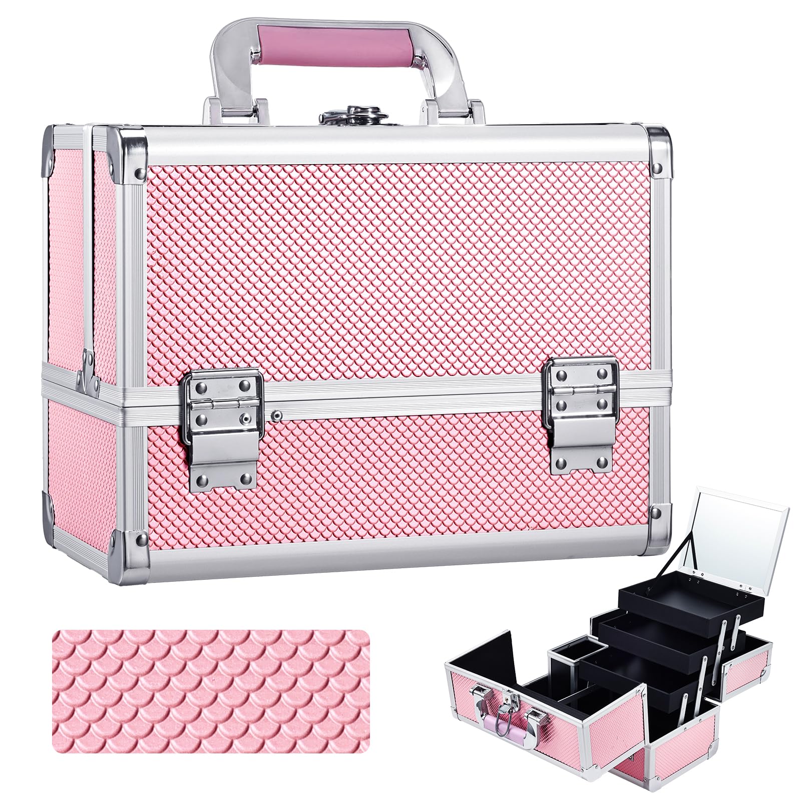 Joligrace Professional Makeup Train Case - 11.8 Inch Lockable Cosmetic Organizer with Mirror, 3-Tier Trays & Brush Holder | Portable Travel Jewelry Box in Mermaid Pink | Perfect for Makeup Artists, Travelers & Beauty Enthusiasts