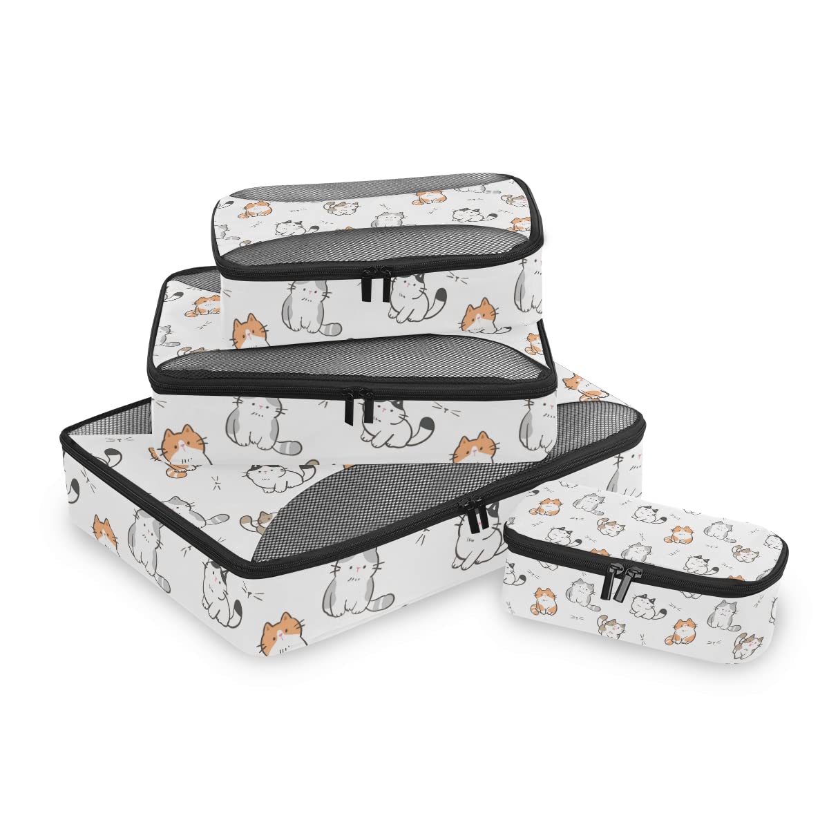 **MNSRUU Packing Cubes Set - 4 PCS Cartoon Cat Compression Travel Organizer Bags for Suitcases & Luggage | Perfect for Business Trips, Vacations & Weekend Getaways**