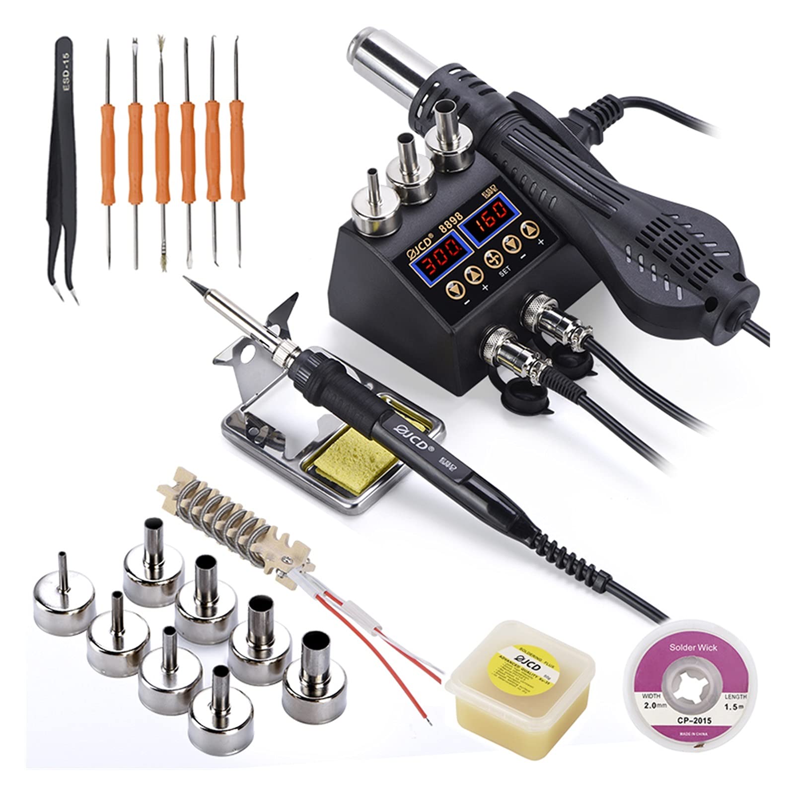 Professional JCD 8898 Dual Switch Control SMD Hot Air Rework Station with Digital LCD Display & Soldering Iron - BGA Welding Repair Kit for Electronics (Silver) - Perfect for Circuit Board Repair, Phone Motherboard Fixing & DIY Electronics Projects