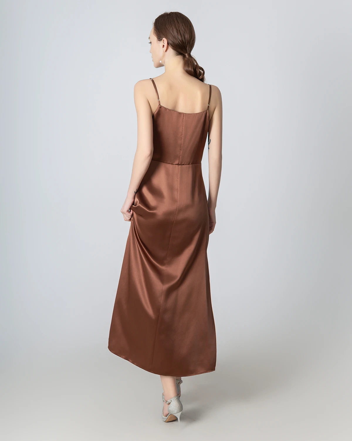 Elegant Pleated Cowl Neck Slit Maxi Silk Dress for Women - Perfect for Weddings, Parties & Evening Events