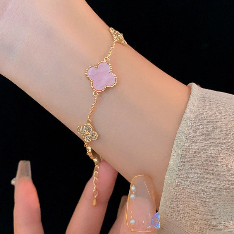 14K Gold Lucky Pink Clover Charm Bracelet for Women - Elegant Four Leaf Clover Jewelry Gift for Birthday, Anniversary & Good Luck | Perfect for St. Patrick's Day, Everyday Wear & Special Occasions