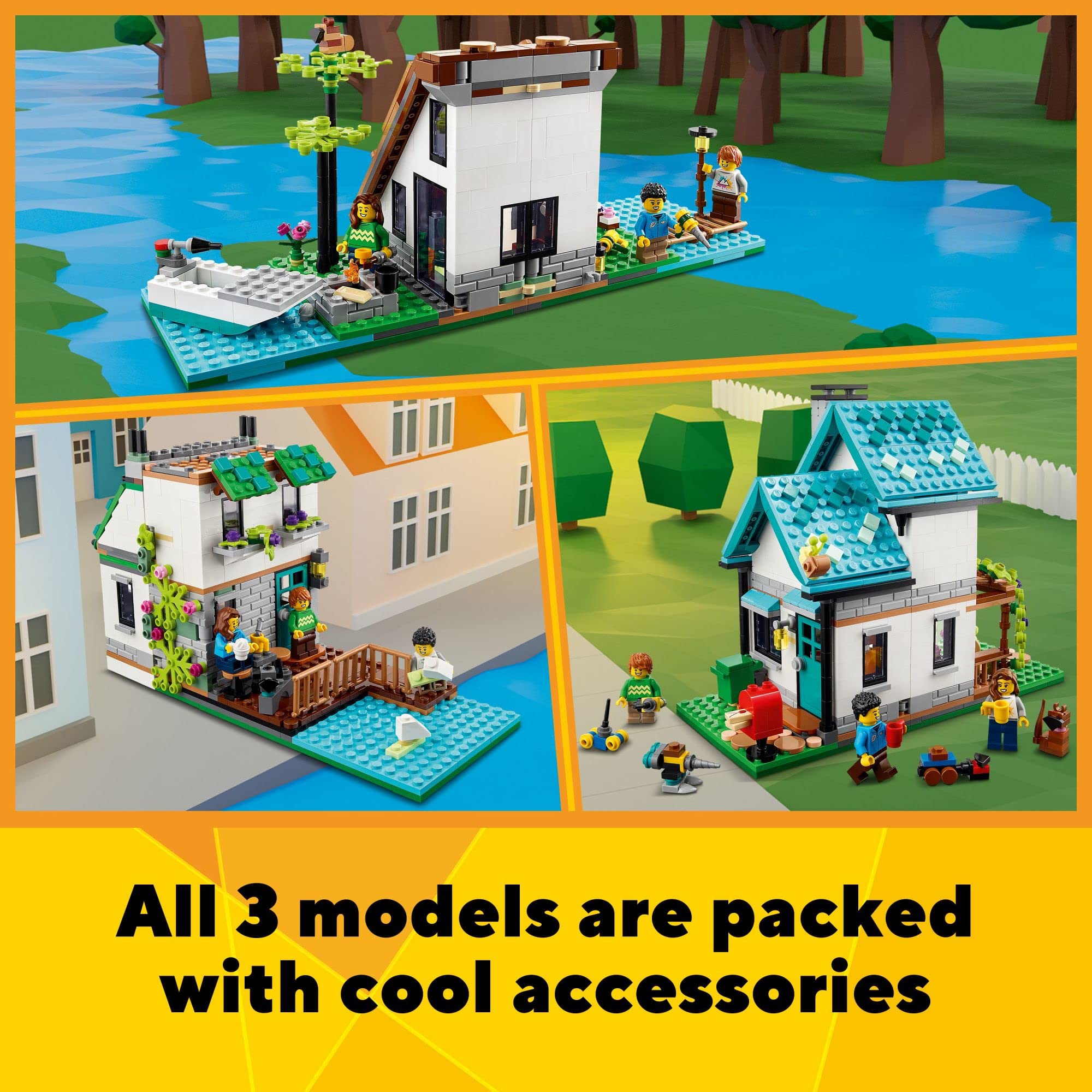 LEGO Creator 3 in 1 Cozy House Building Kit - Build 3 Different Houses with Family Minifigures & Accessories | Creative DIY Construction Toy for Kids, Boys & Girls Ages 6+ | Perfect for Indoor Play, Birthday Gifts & STEM Learning (Model 31139)