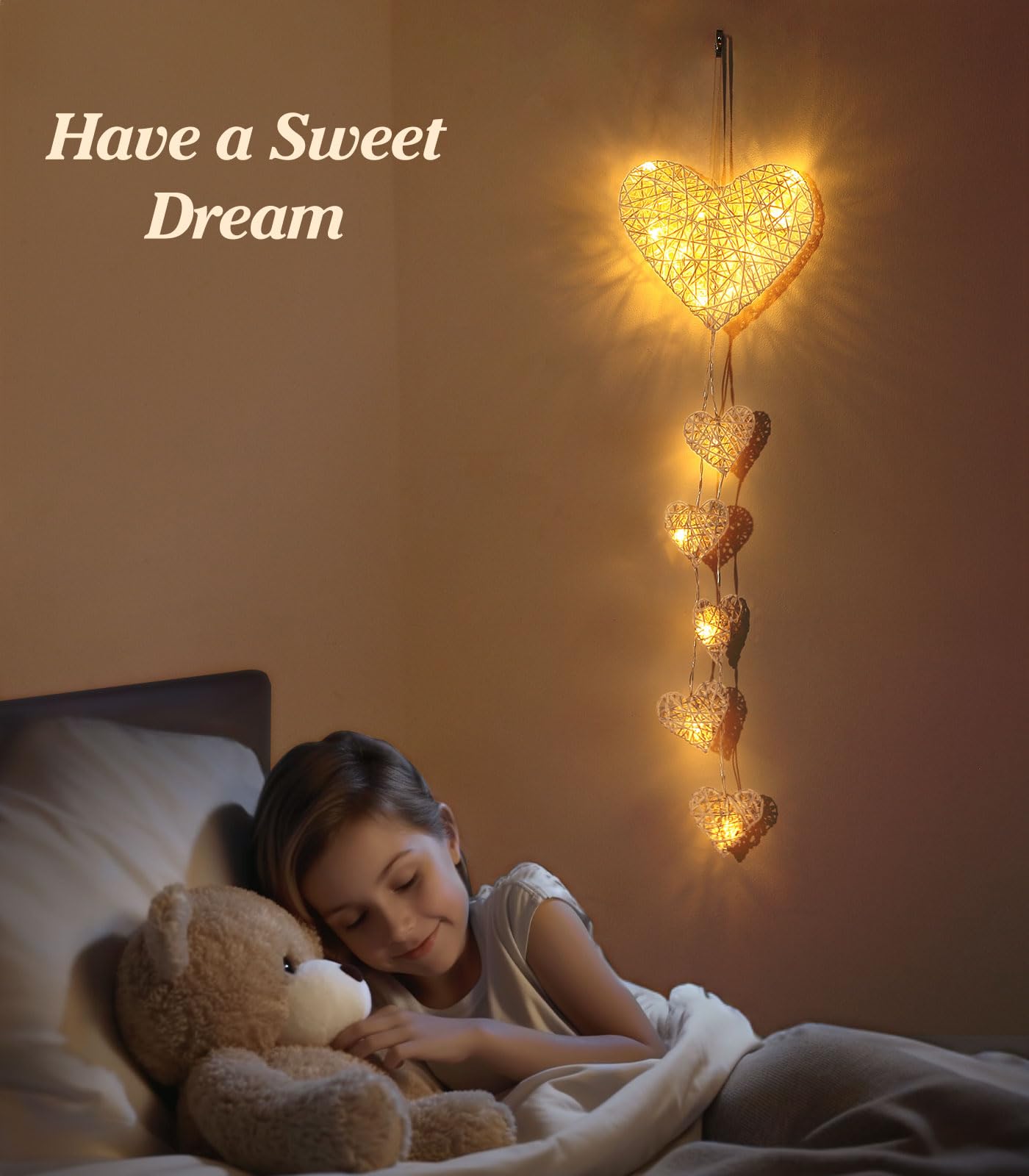 Lewondr Heart-Shaped Rattan Hanging Light - Battery Operated Fairy Lights with Timer for Indoor Decor, Kids Room, Bedroom, Window & Party Decorations - White | Perfect for Nursery, Wedding, Christmas & Cozy Ambiance Lighting