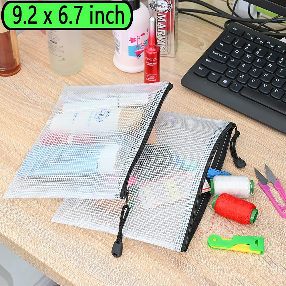 10-Pack Waterproof Mesh Zipper File Bags - Multi-Size Document Organizer for Office & School Supplies - Durable Plastic Storage Pouches for Board Games, Travel & Craft Organization (White & Black)