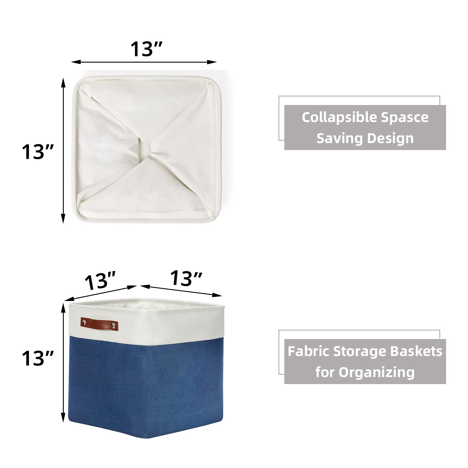 HNZIGE 13 Inch Fabric Cube Storage Baskets with Handles - Organizer Bins for Clothes, Toys, Closet & Nursery - Foldable Shelving Storage Solution for Home, Office & Kids Room (Blue & White)