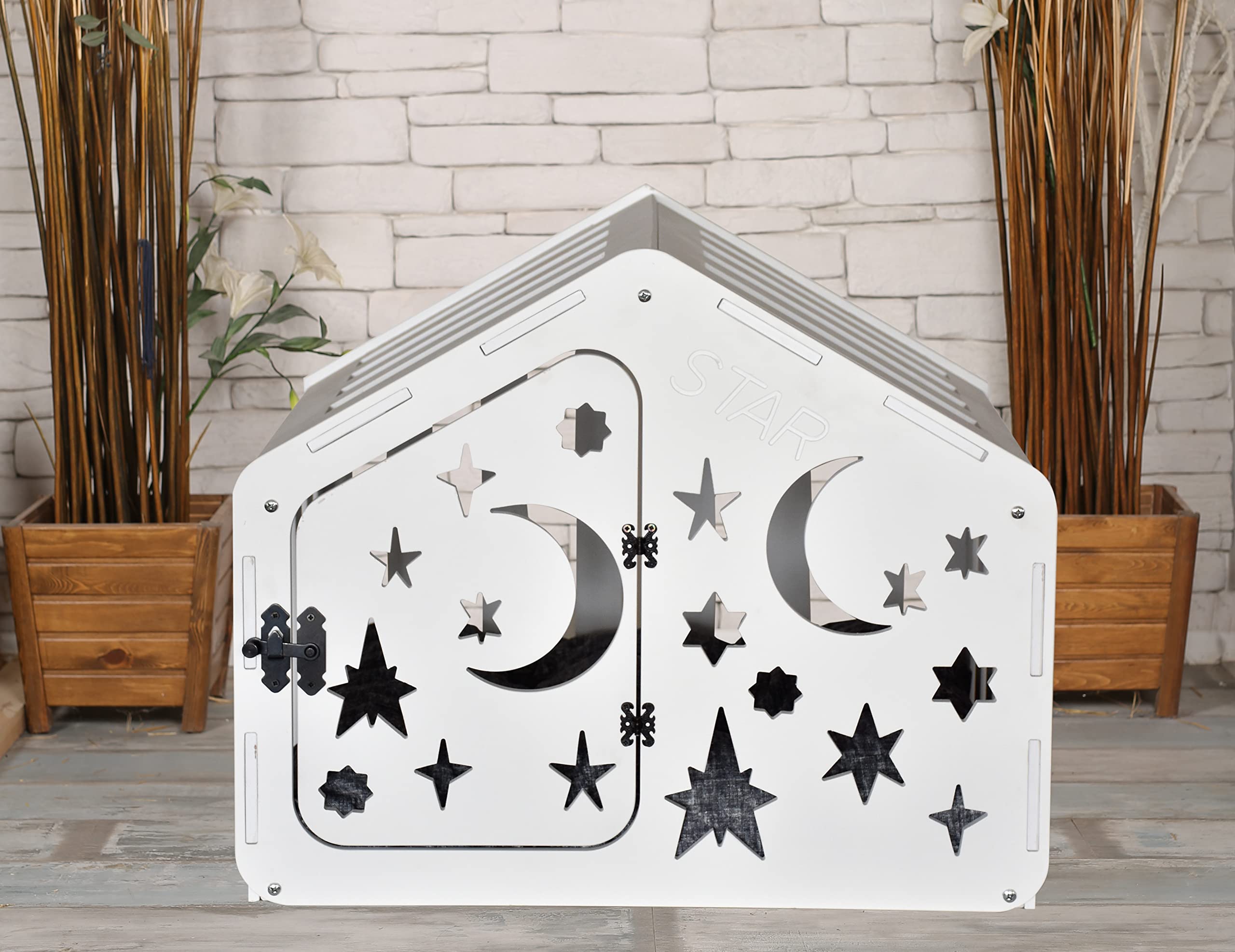 Layka Modern Indoor Dog House - Premium Wooden Dog Kennel with Double Doors & Cushion - Stylish Pet House for All Dog Breeds - Urban Dog Crate Furniture for Living Room, Bedroom or Office (Wood Craft Station, House of Paws)