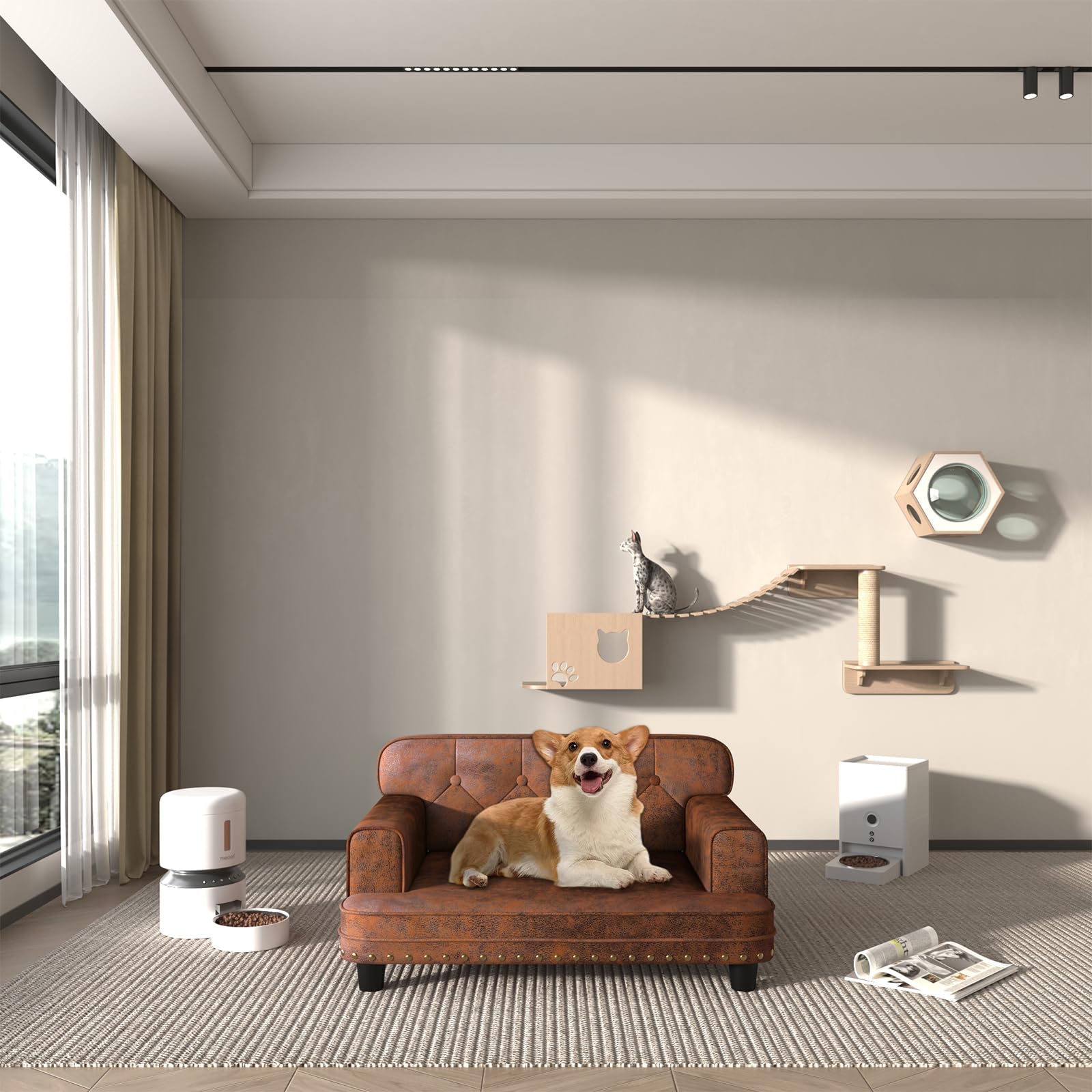 Premium Orthopedic Dog Bed & Cat Sofa - Wooden Frame Suede Pet Couch for Small Breeds, Washable Removable Cover (Coffee Brown) - Perfect for Living Room, Bedroom & Pet Nursery Comfort