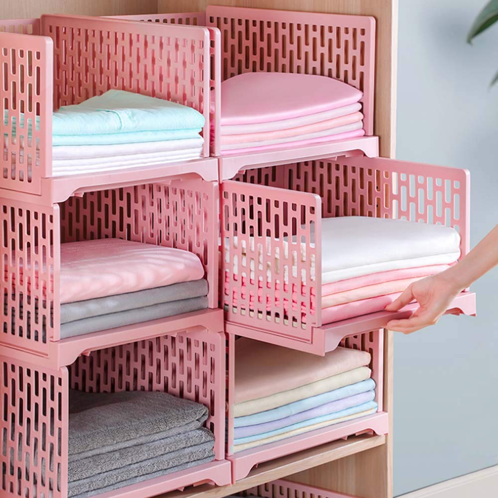 HOUTBY 2-Pack Stackable Wardrobe Drawer Organizers - Plastic Closet Storage Boxes with Dividers for Clothes, Toys & Snacks - Space-Saving Shelves for Bedroom, Nursery or Dorm (Pink, Short Size)