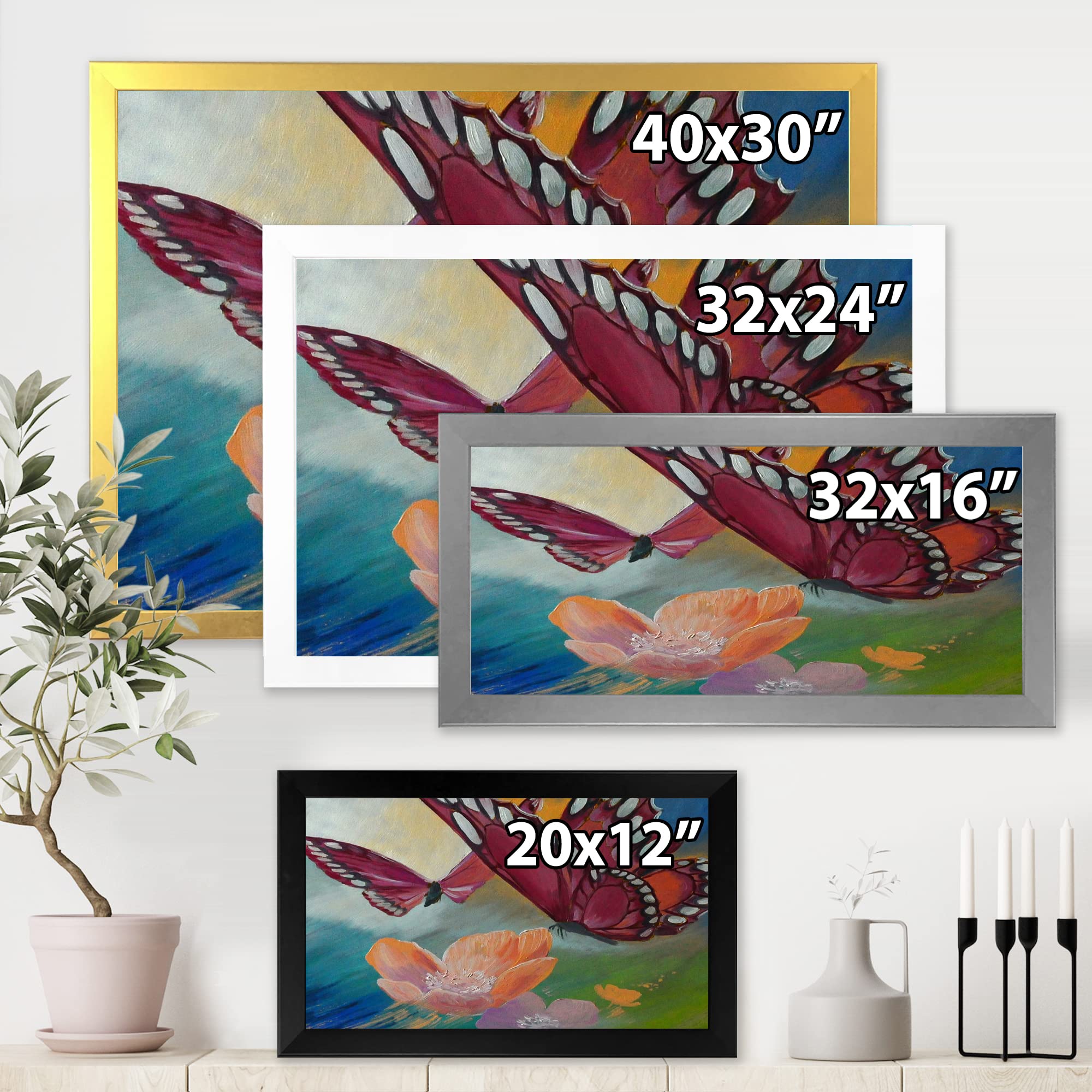 Butterfly on Pink Flowers Traditional Framed Wall Art - Elegant Home Decor for Living Room, Bedroom & Office - Perfect Gift for Housewarming & Wedding