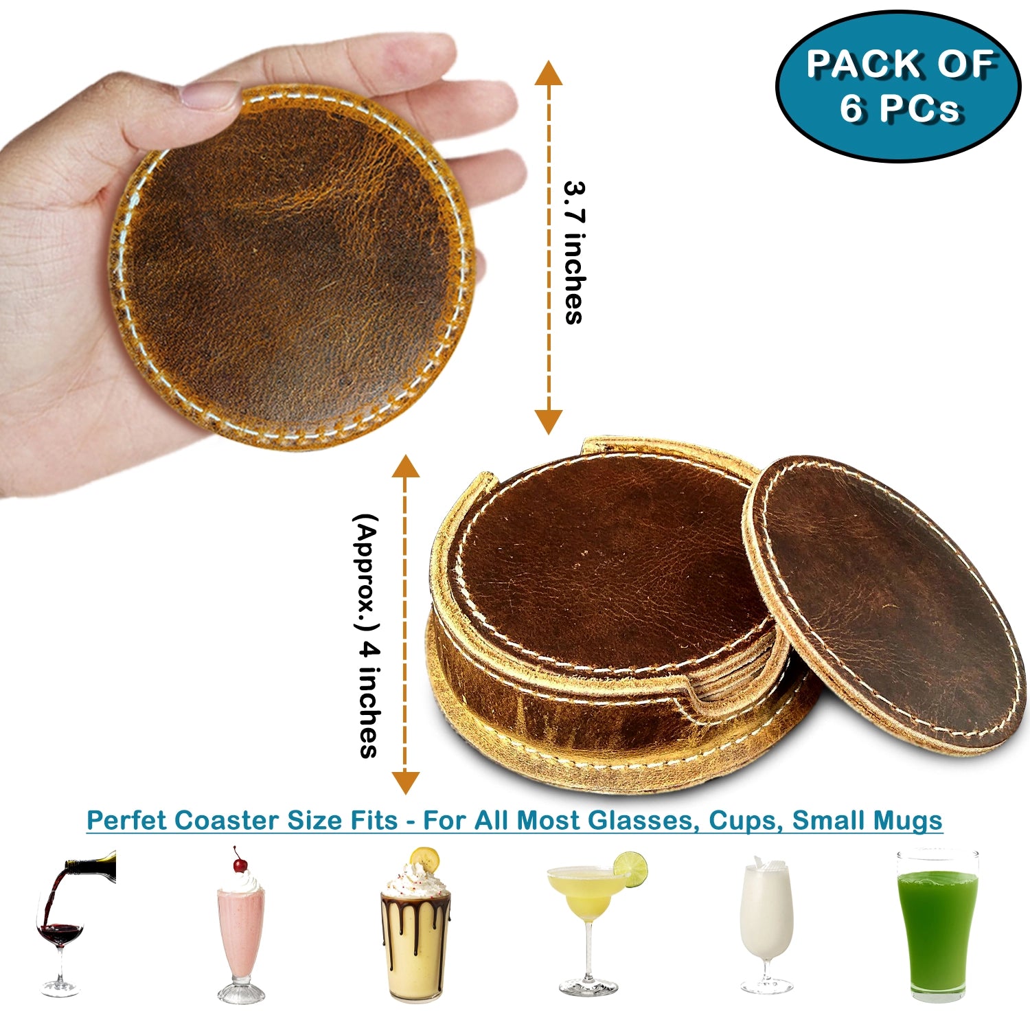 Premium Leather Drink Coasters Set - Handmade Absorbent Coasters for Coffee, Tea & Beverages - Perfect for Home, Office, Bar & Kitchen Decor - Unique Housewarming Gift Idea
