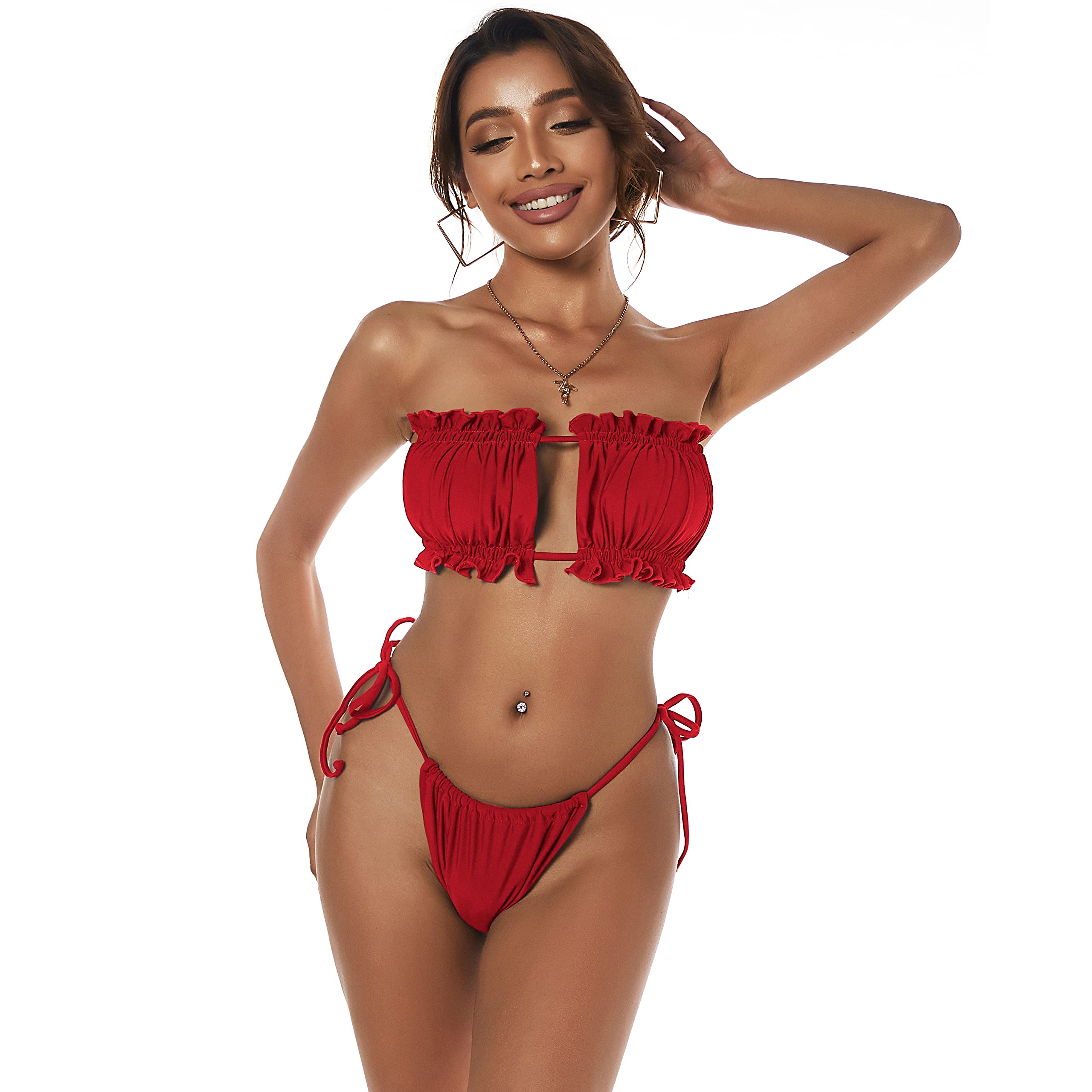 ZAFUL Women's Ribbed Ruffle Bandeau Bikini Set - Two Piece Swimwear for Athletic & Beach Activities | Summer Swimsuits for Pool, Vacation & Water Sports