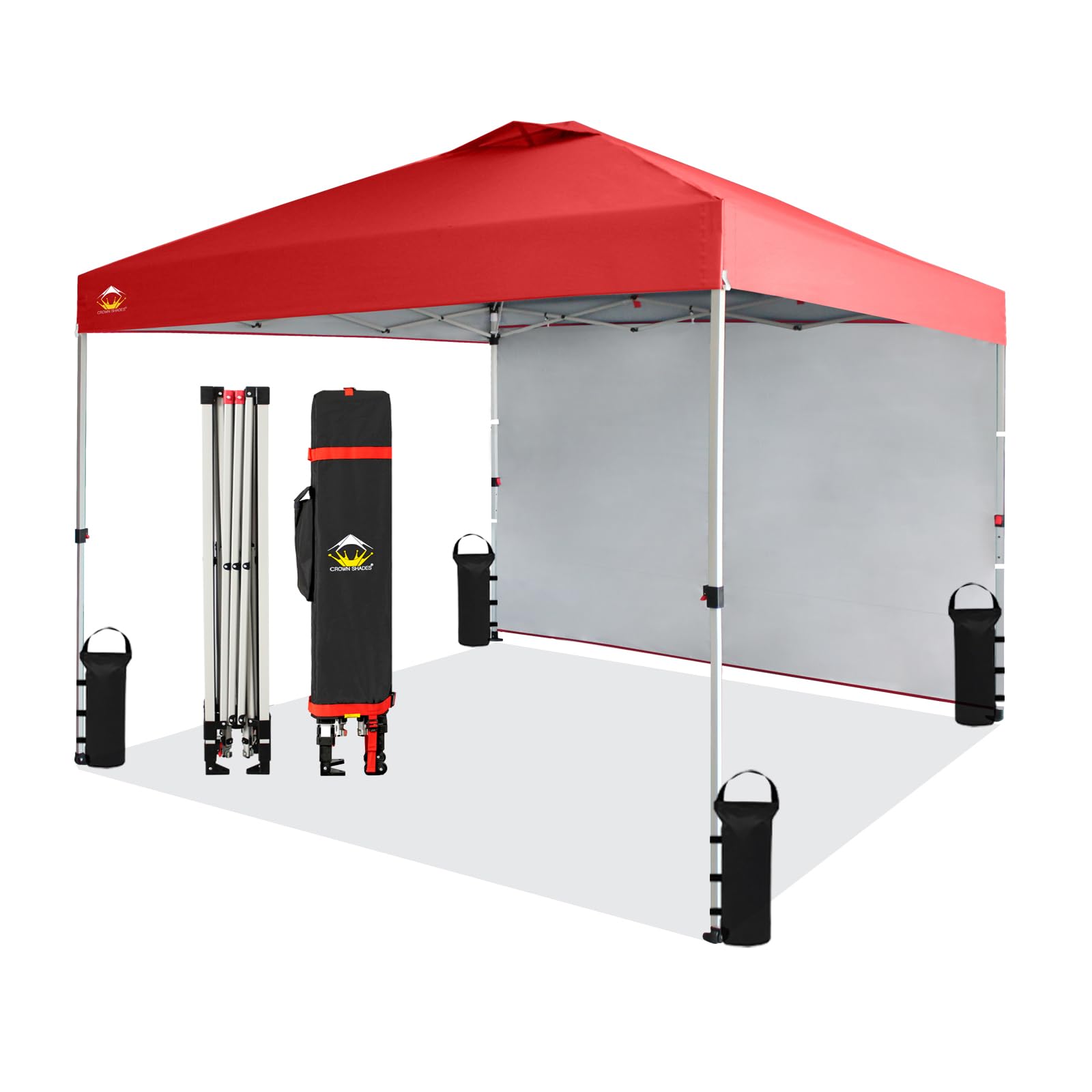 CROWN SHADES 10x10 Pop Up Canopy Tent with 1 Side Wall - Instant Setup Beach Shade for Outdoor Events, Parties, Camping & Picnics - Portable Gazebo with STO-N-Go Carry Bag (Red) - Perfect for Backyard BBQs, Tailgating and Beach Days