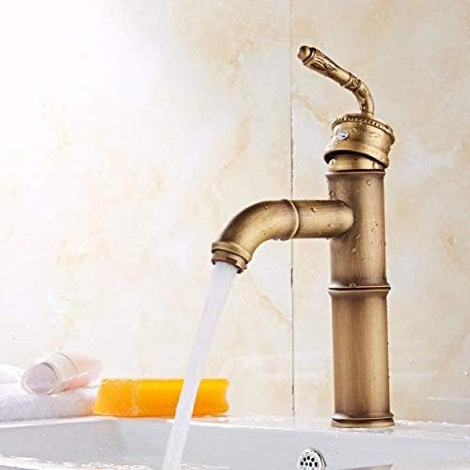 Vintage Antique Brass Kitchen Faucet with Bamboo Handle - High-Quality Sink Mixer Tap for Farmhouse & Rustic Kitchen Decor | Perfect for Modern and Traditional Homes