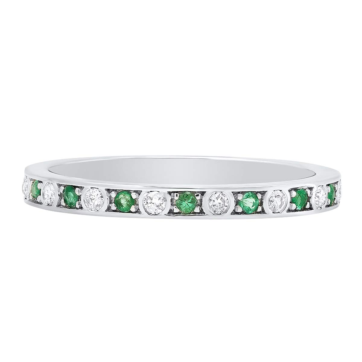 10K White Gold Round Emerald & Diamond Stackable Wedding Band for Women - Anniversary, Engagement, Bridal Jewelry Gift - Perfect for Stacking, Everyday Wear & Special Occasions