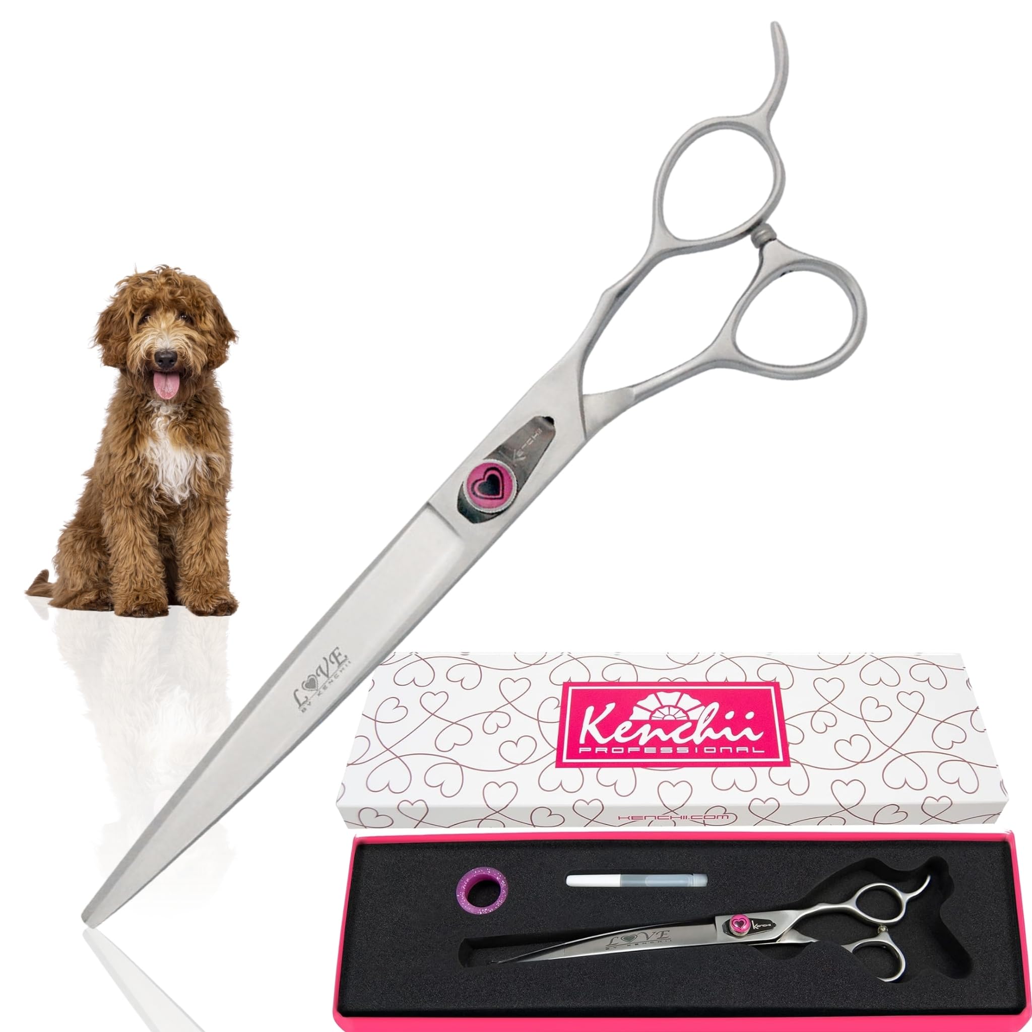 Kenchii Love Left Handed Dog Grooming Scissors - 8 Inch Curved Shears for Professional Pet Grooming | Perfect for Left-Handed Groomers & Precise Hair Trimming on Dogs & Cats
